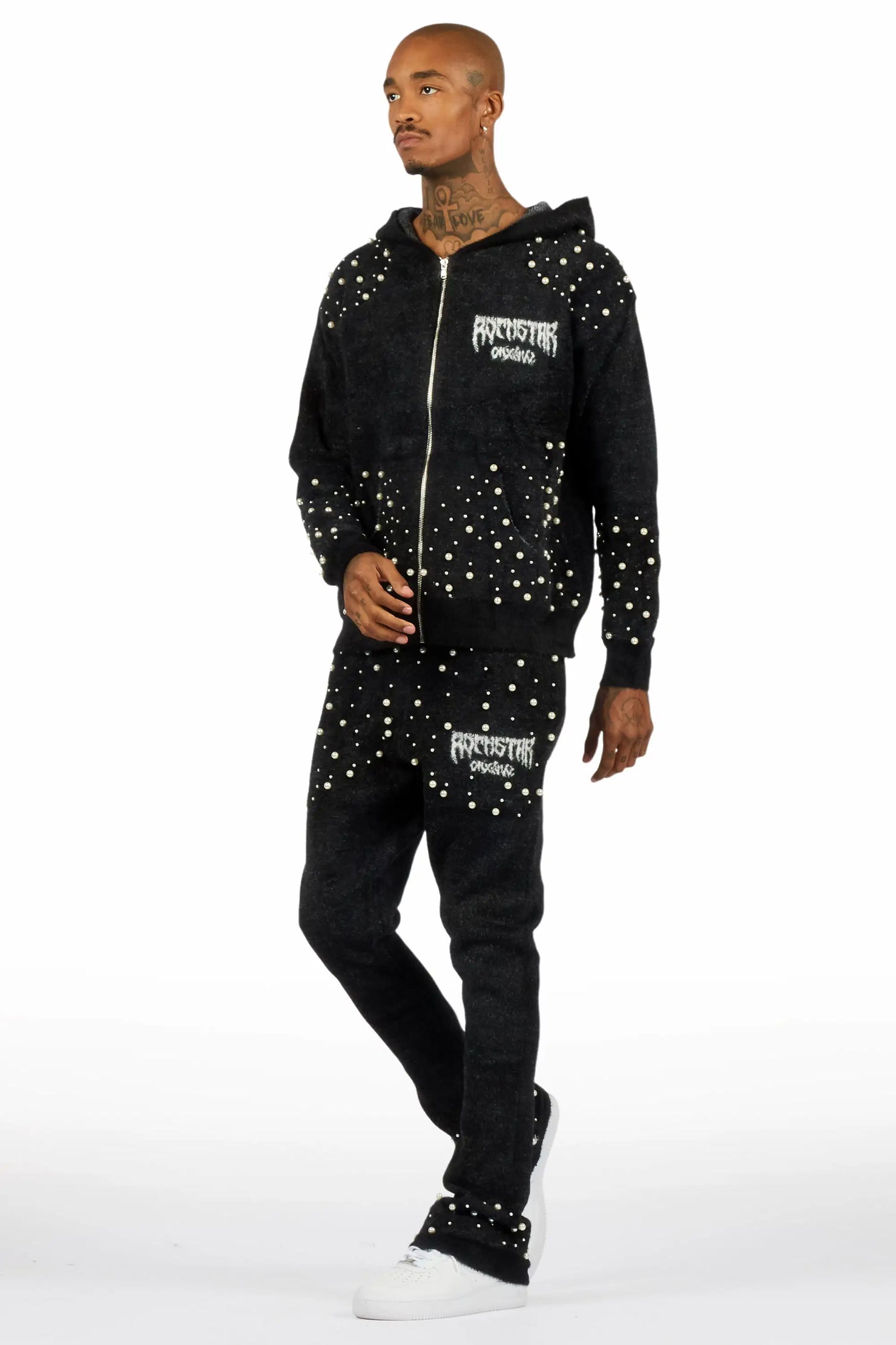 Twinkle Black/Black Rhinestone Hoodie Stacked Flare Track Set