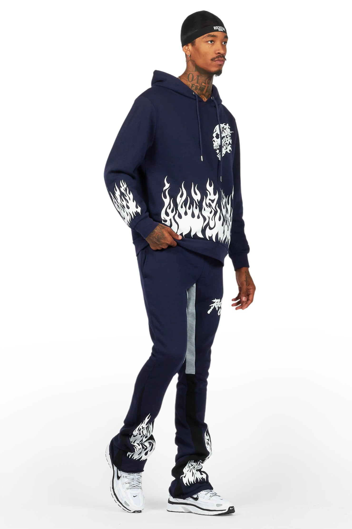 Bubble Navy Stacked Flare Hoodie Track Set