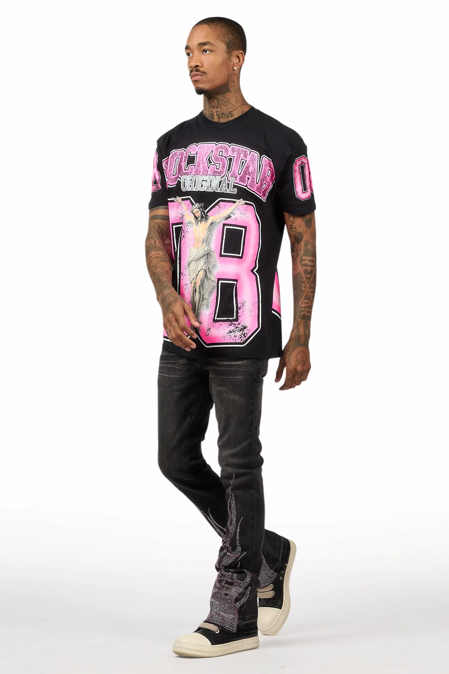 Samba Dark Grey/Pink Rhinestone Stacked Flare Jean