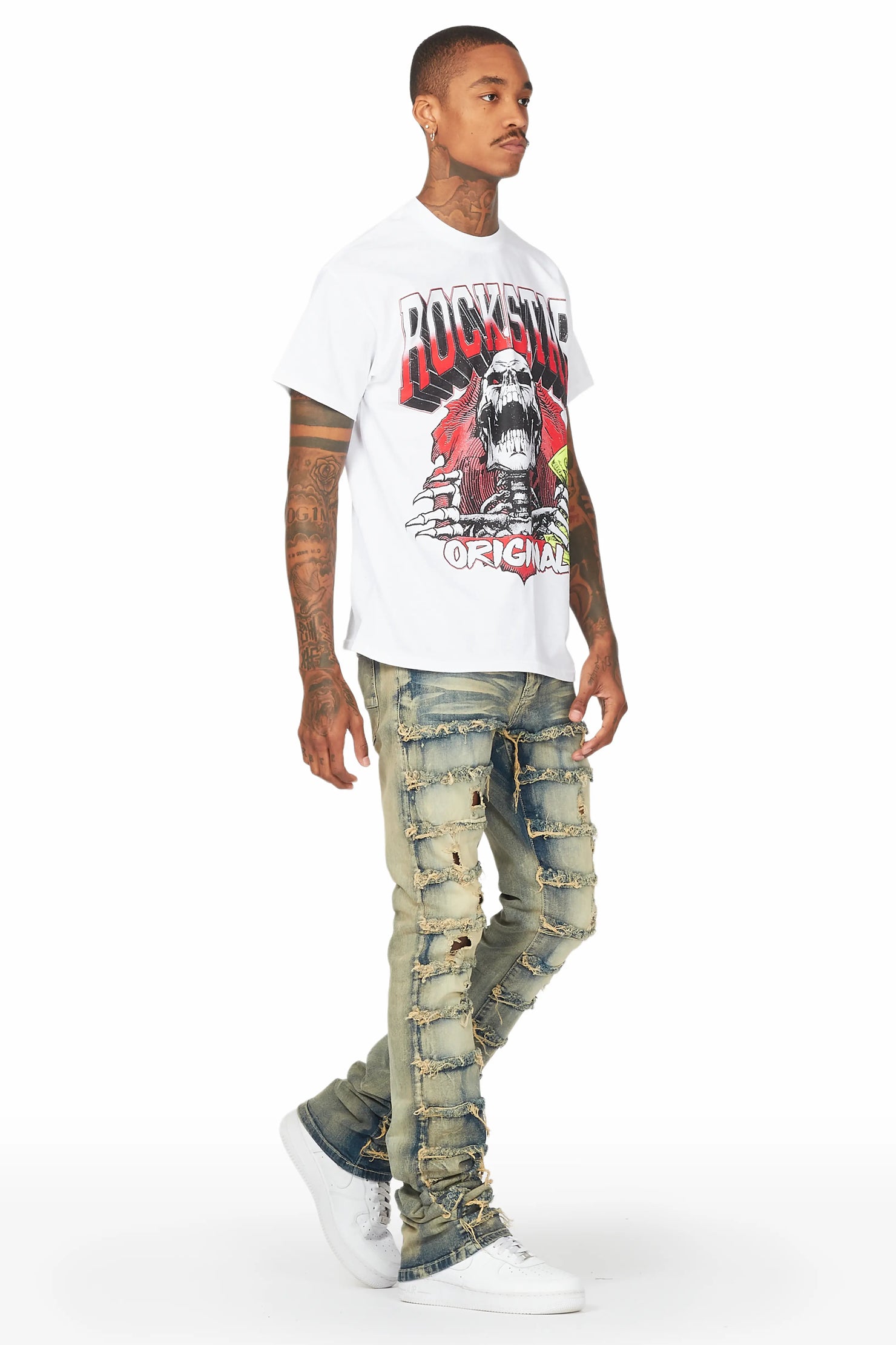 Waylon Rustic Blue Frayed Super Stacked Flare Jean