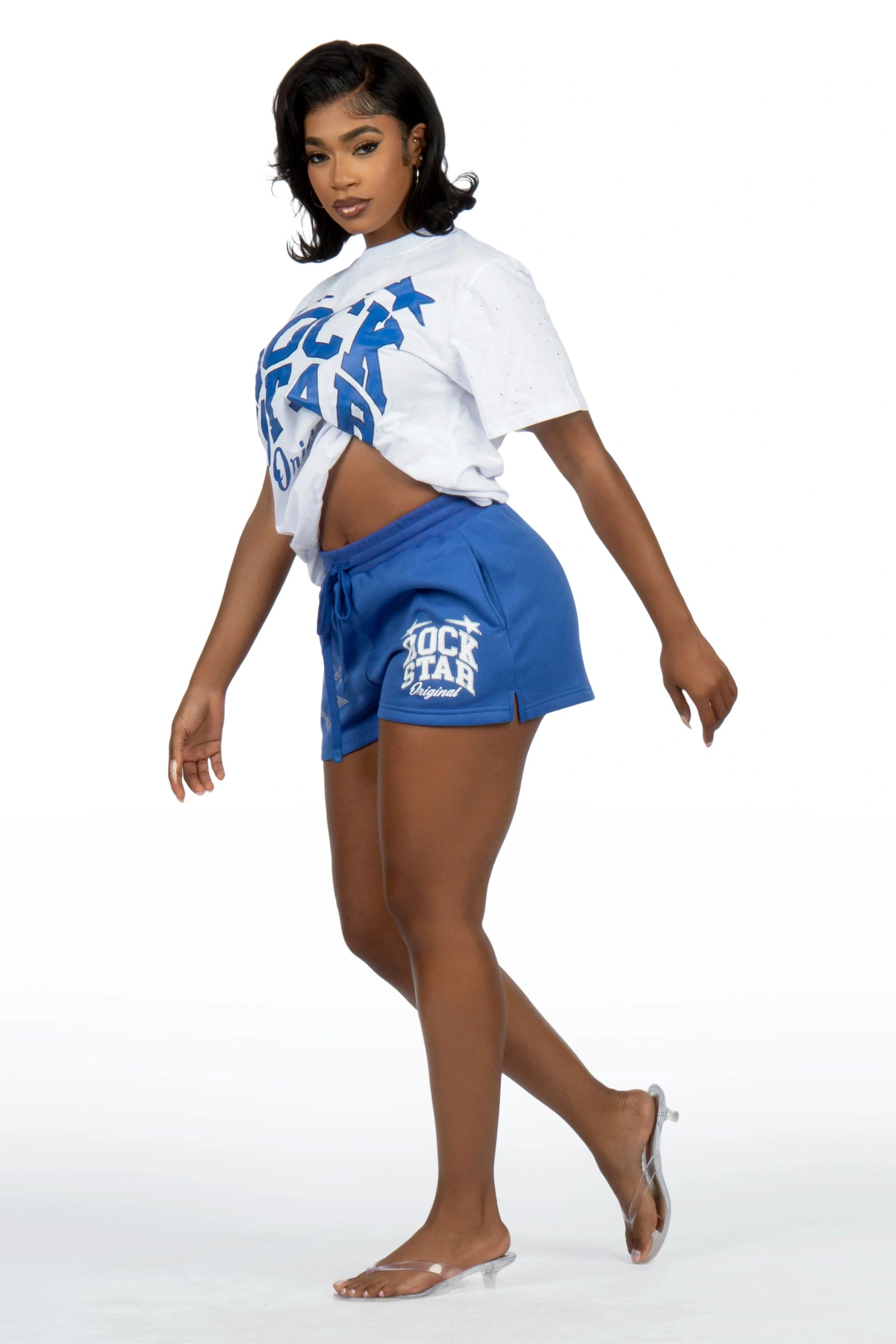 Flaveya White/Royal Blue Rhinestone T-Shirt Short Set