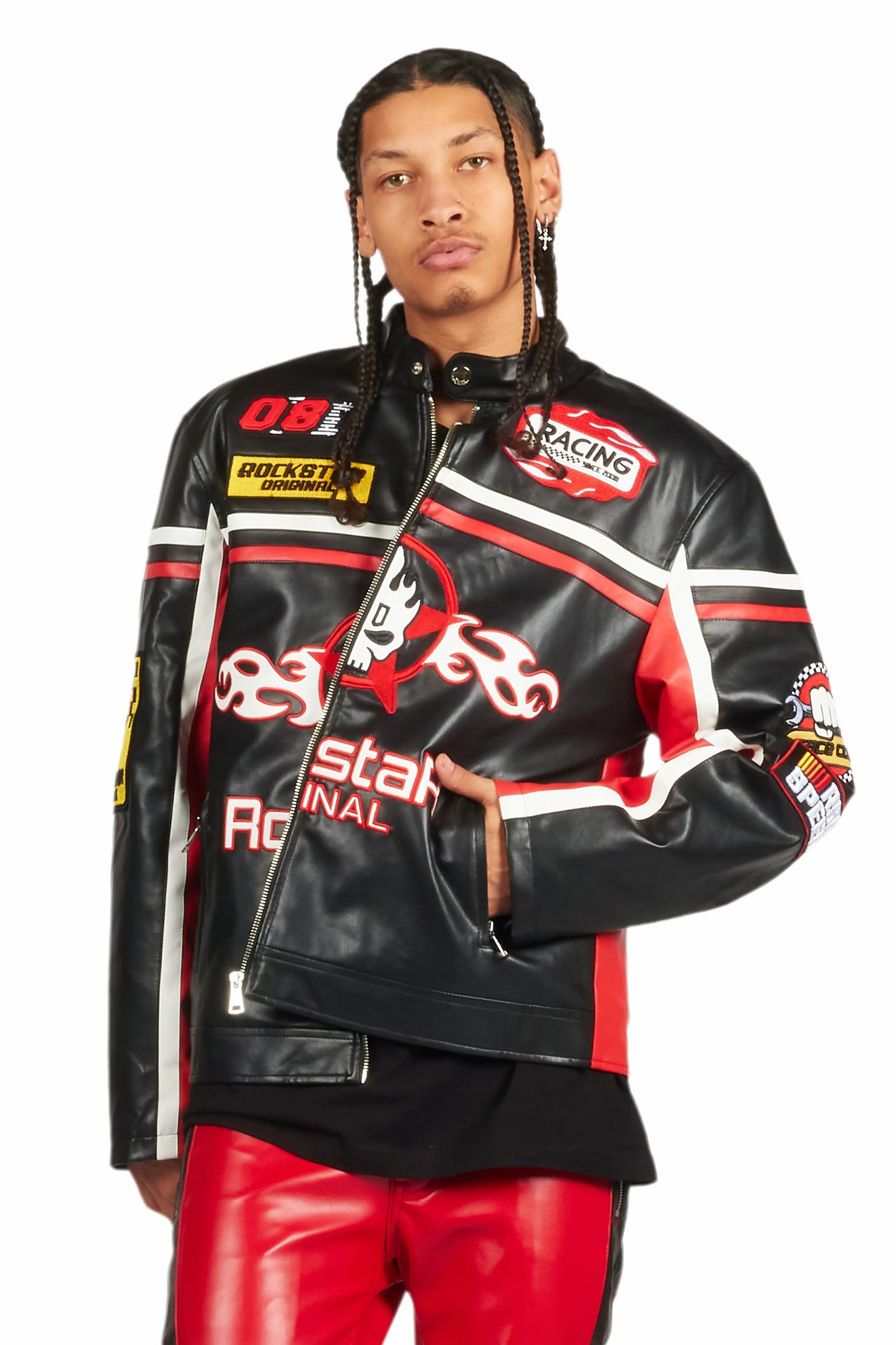 Roch Black/White Leather Moto Jacket