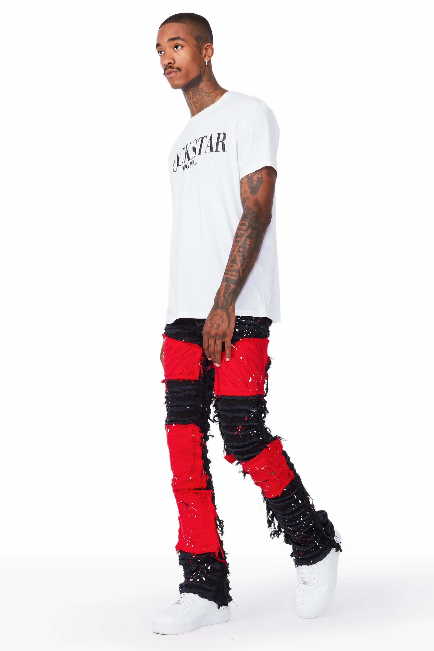 Vadim Black/Red Patchwork Stacked Flare Jean