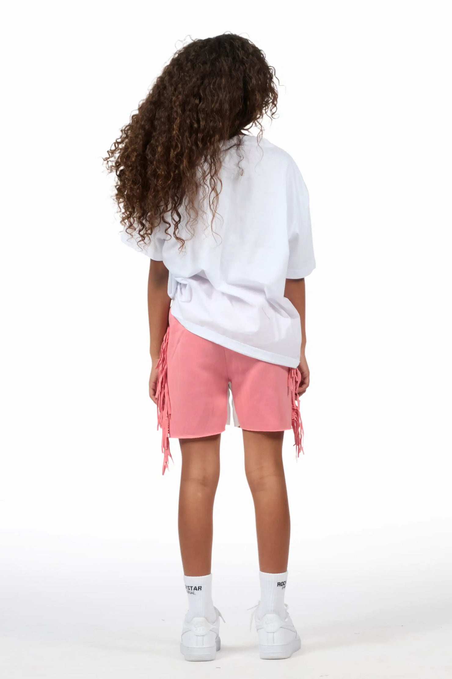 Girls Kendra White/Pink Graphic T-Shirt/Fringe Short Set