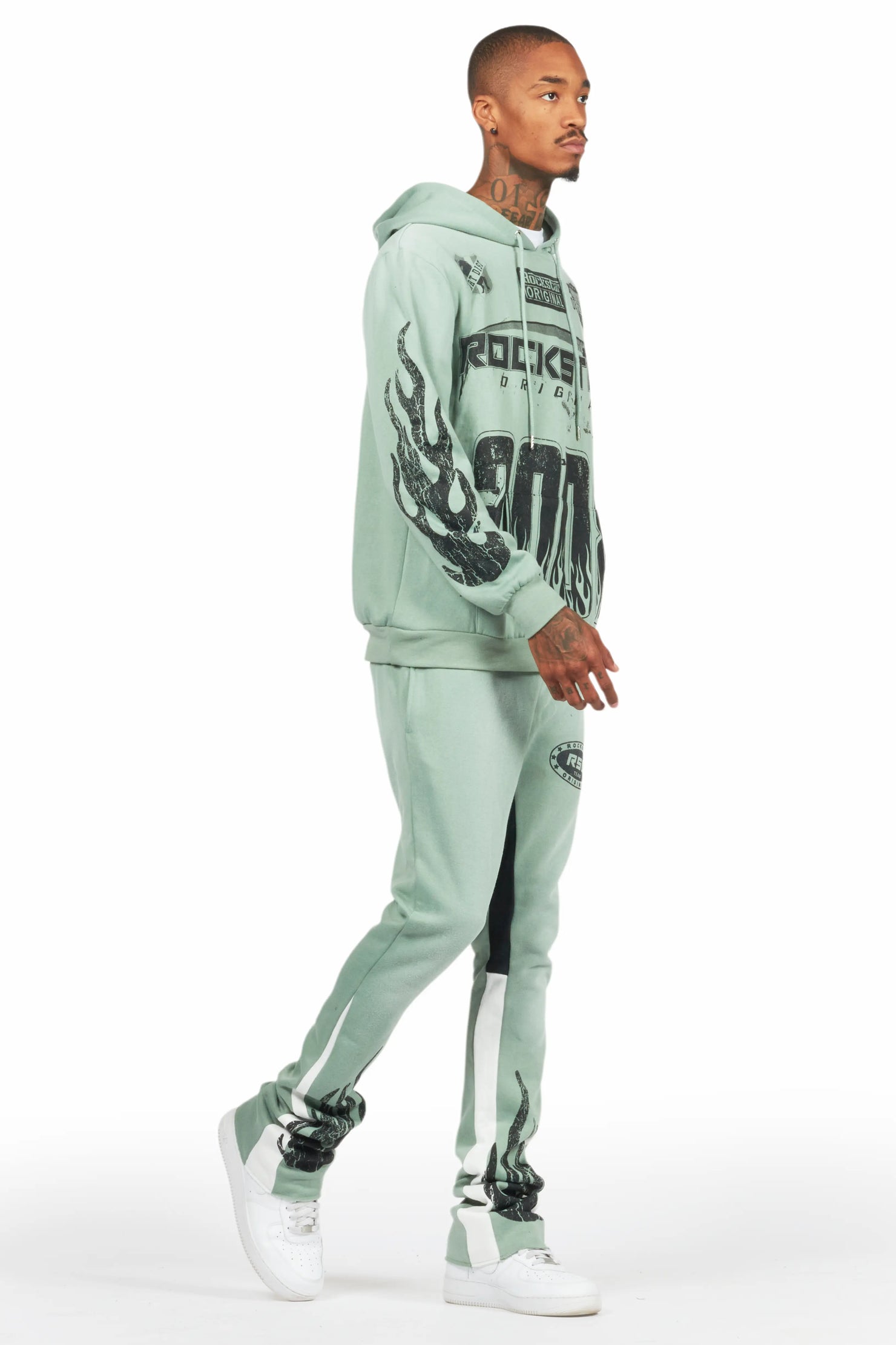 Amos Sage Stacked Flare Hoodie Track Set