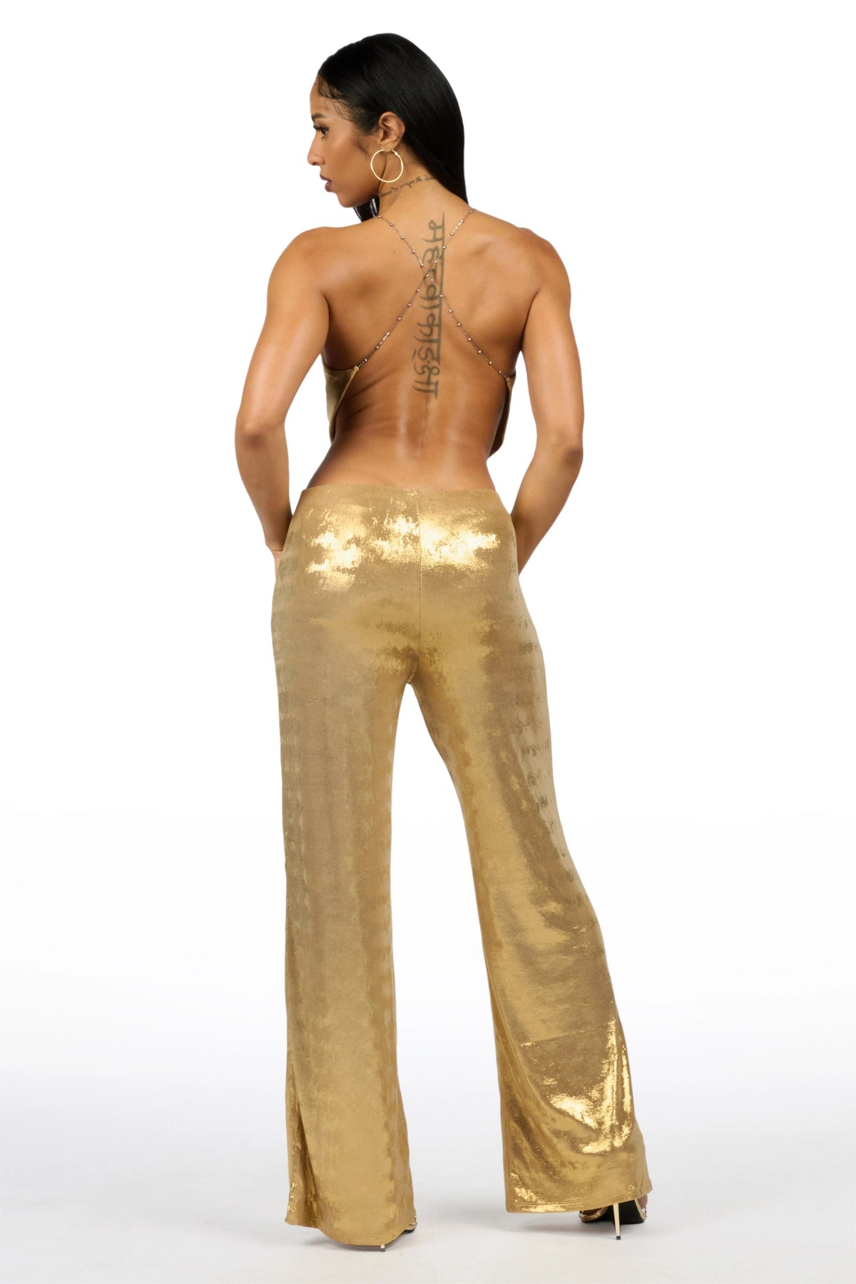 Foil-ed Gold 2 Pc Drape Neck + Pant Set