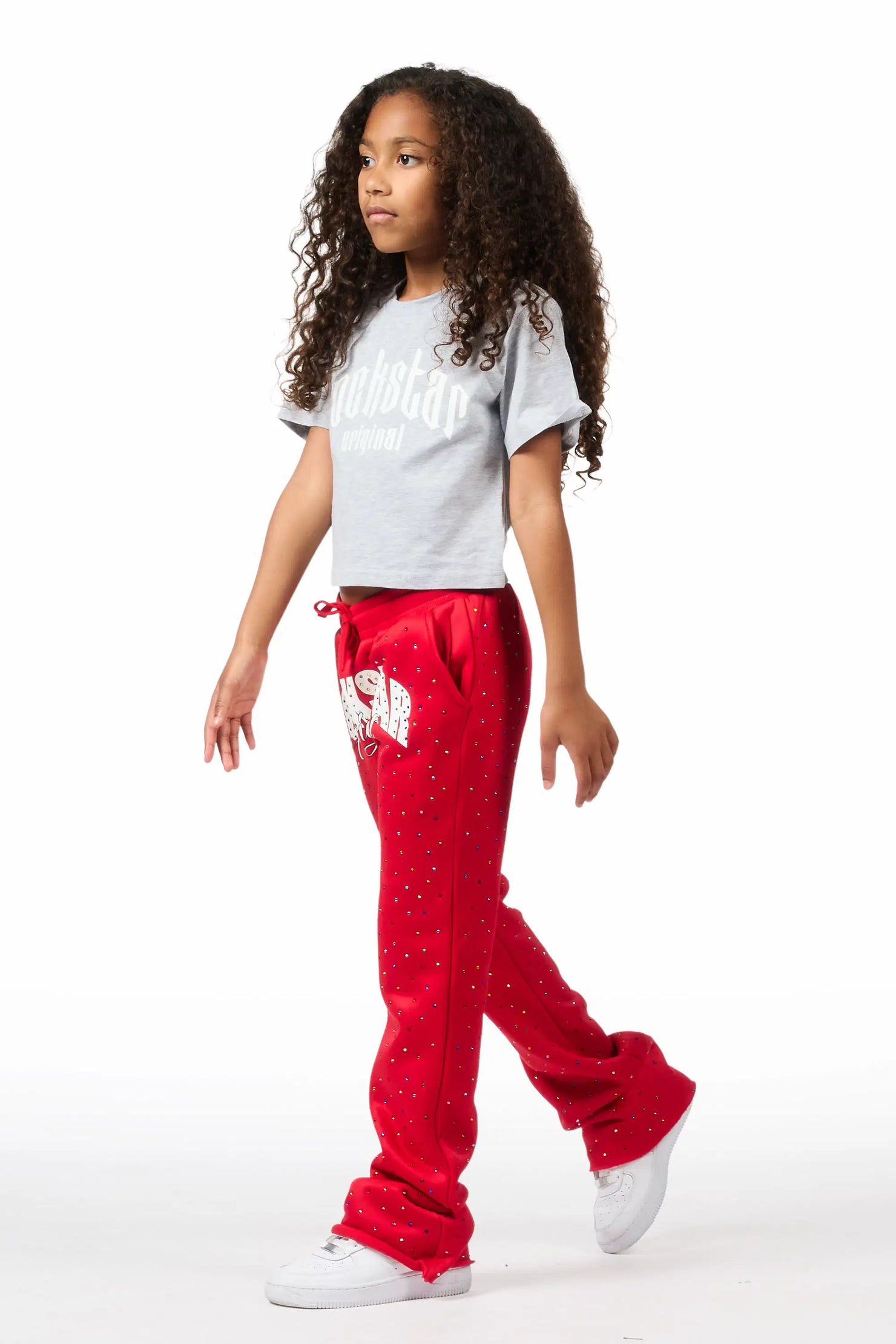 Girls Franchesca Red Rhinestone Stacked Track Pant