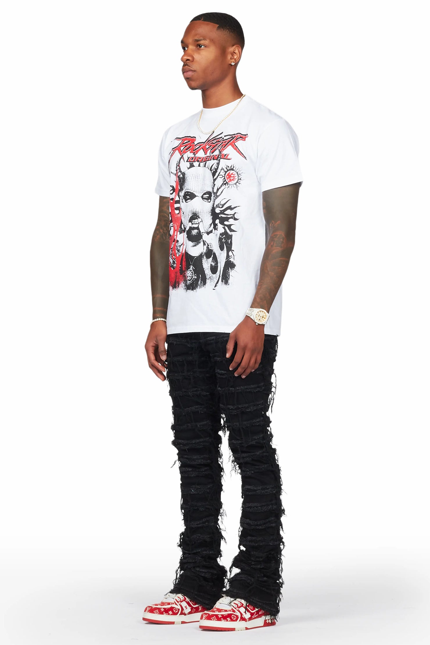 Mercy White T-Shirt & Ayan Black Stacked Flare Jean