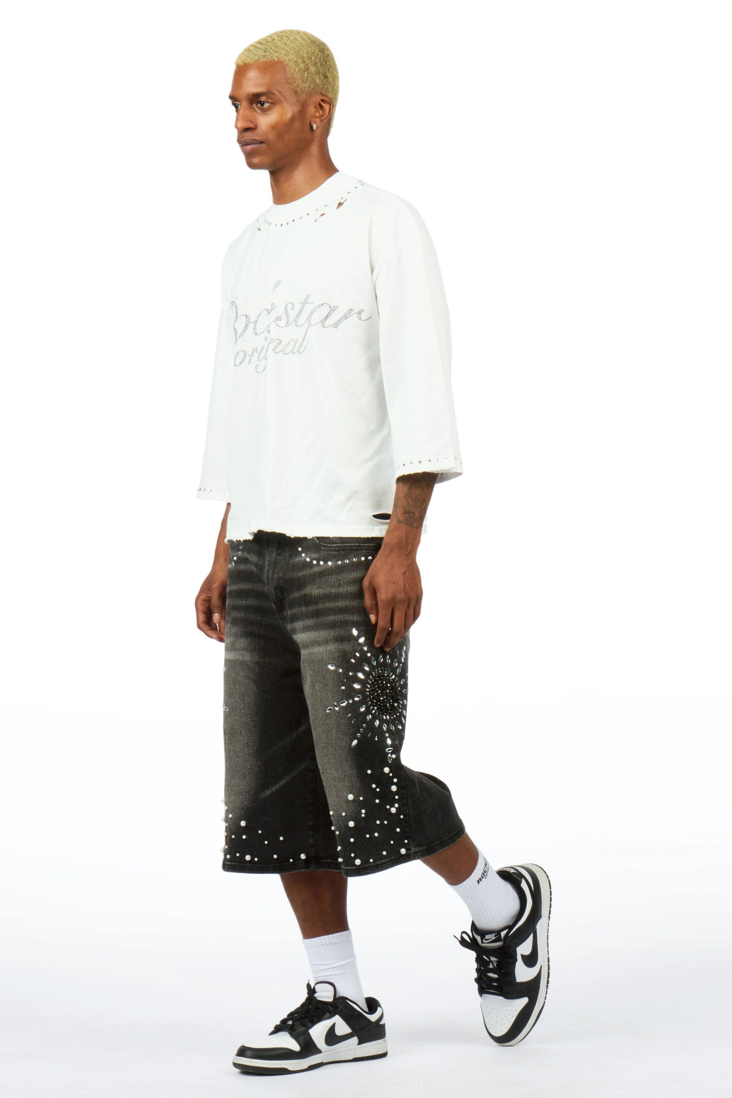 Tryst Grey Rhinestone T-Shirt Denim Jort Set