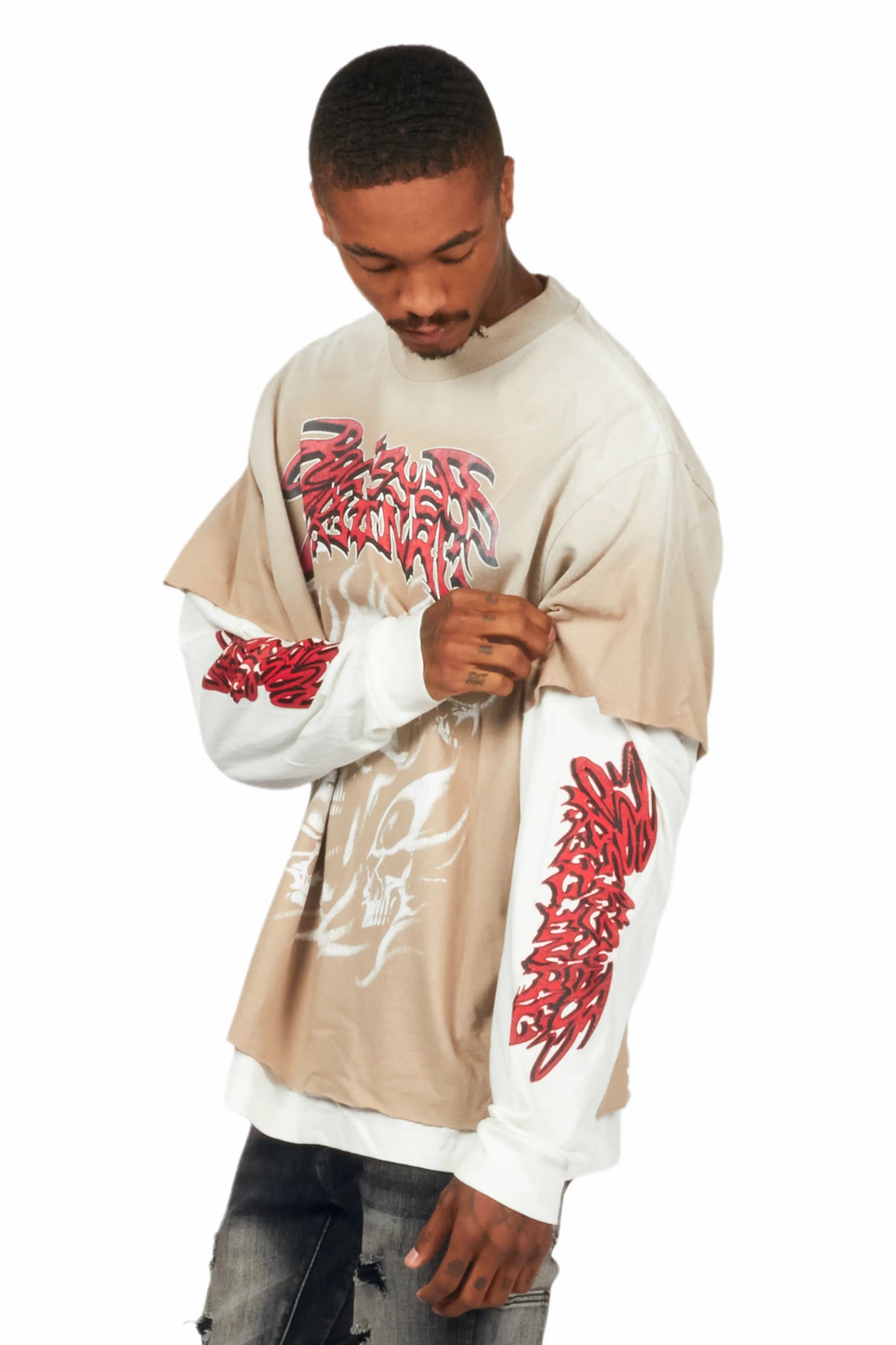 Schtupp Beige/White Double Layer Long Sleeve Graphic T-Shirt