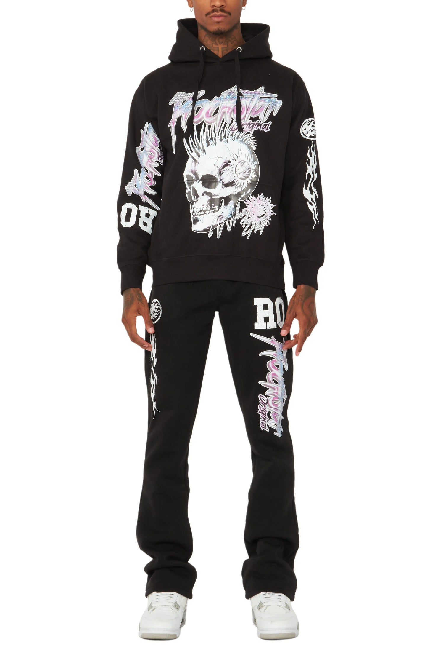 Ernesto Black Hoodie/Stacked Flare Pant Track Set