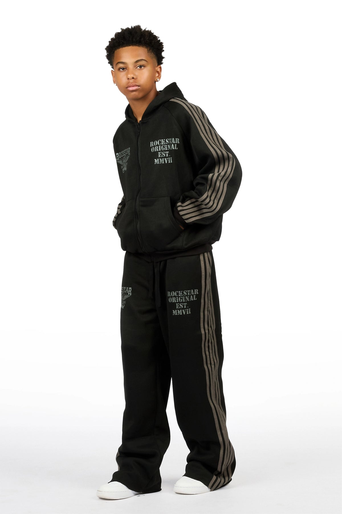 Boys Manier Black/Grey Zip Up Hoodie Relaxed Pant Track Set