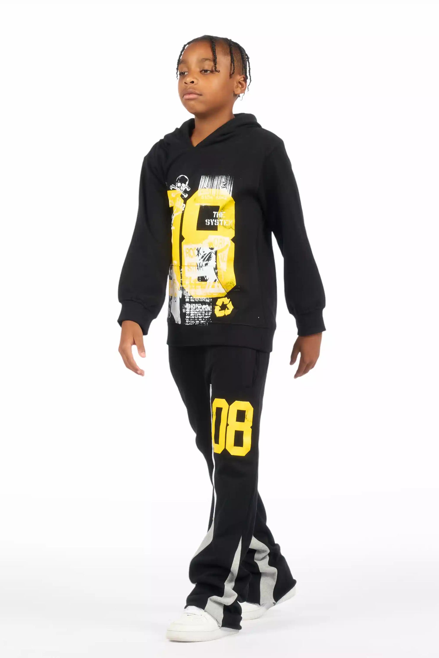 Boys Beau Black/Yellow Hoodie Stacked Flare Track Set
