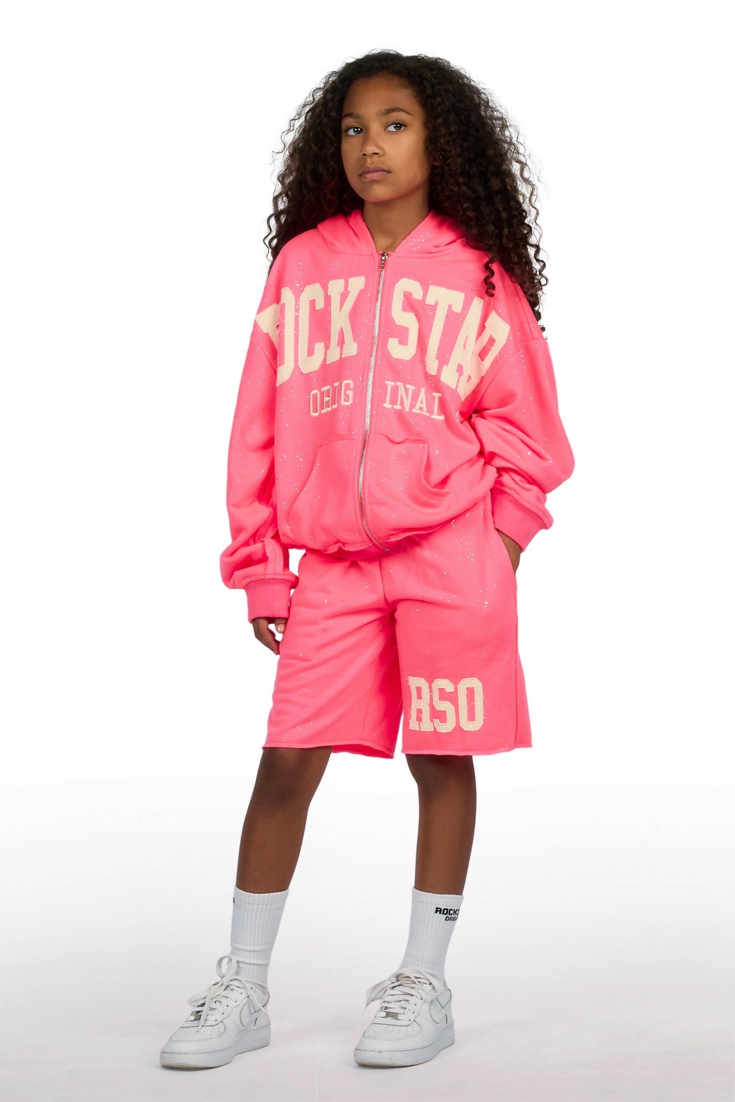 Girls Akilana Pink Hoodie Double Waisted Short Set