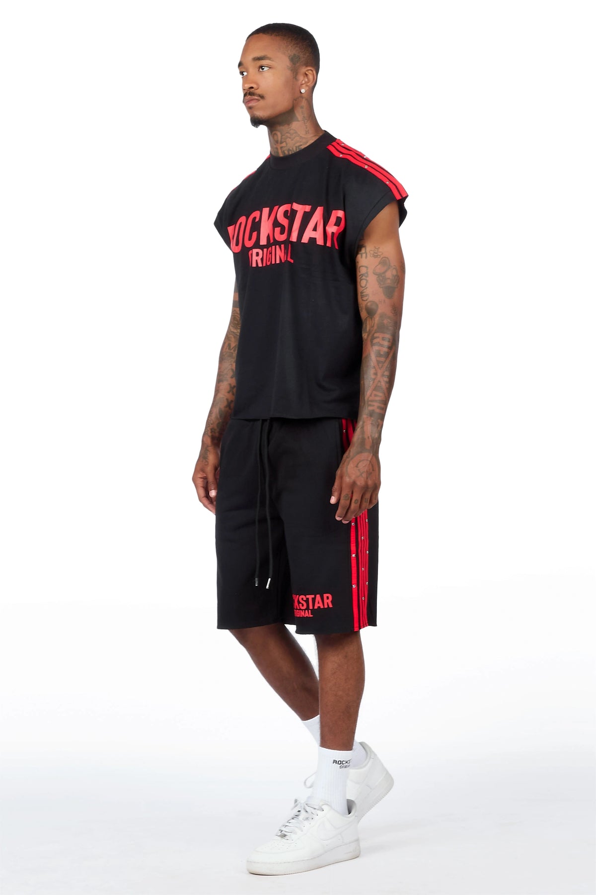 Gulis Black/Red Rhinestone Cut Sleeve T-Shirt Short Set