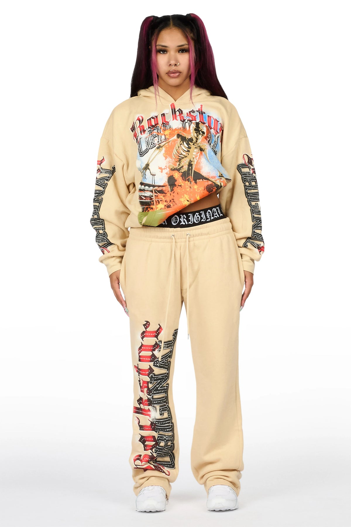 Zarina Beige Graphic Baggy Fit Track Set