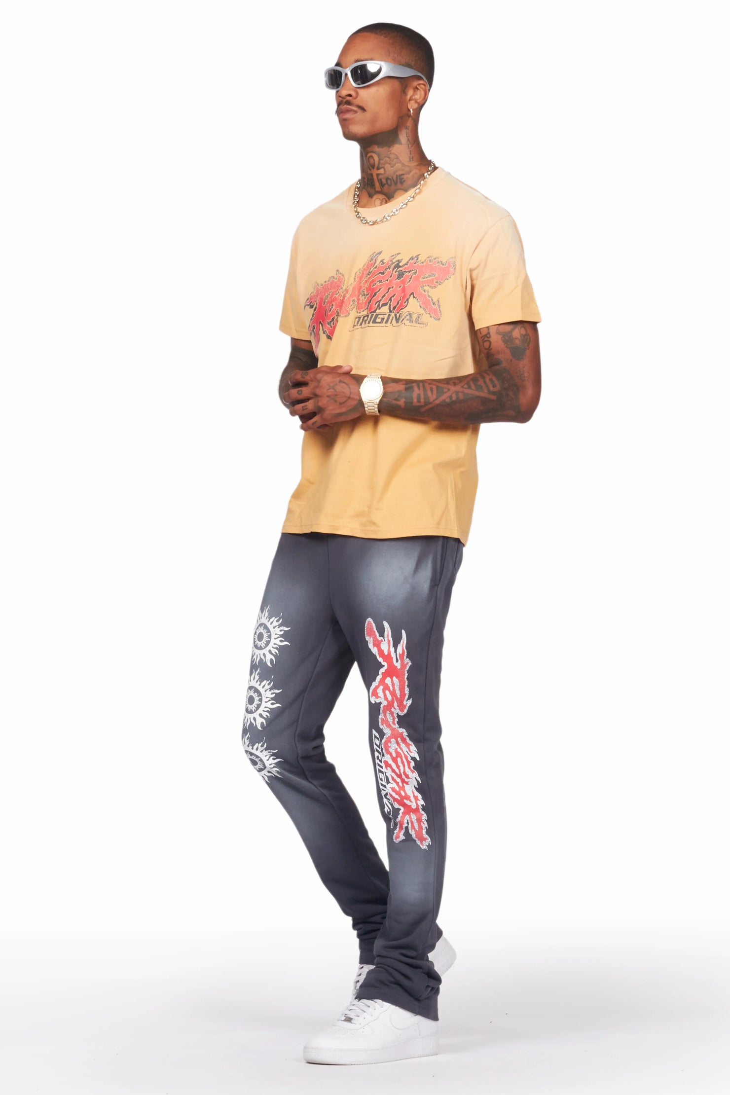 Yash Beige T-Shirt/Stacked Flare Track Pant Set