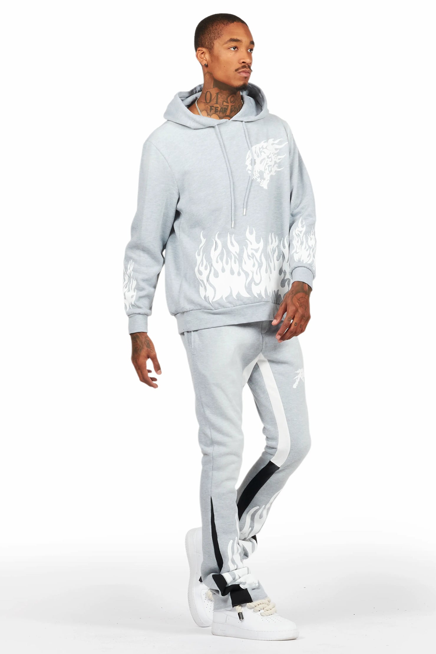 Bubble Heather Grey Stacked Flare Hoodie Track Set