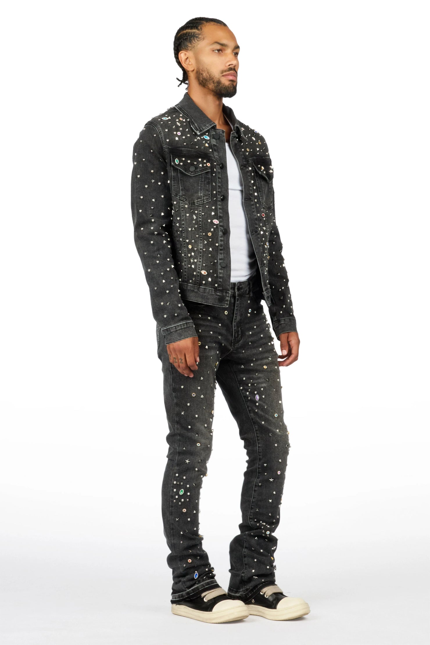 Norris Jet Black Rhinestone Denim Jacket/Stacked Flare Jean Set