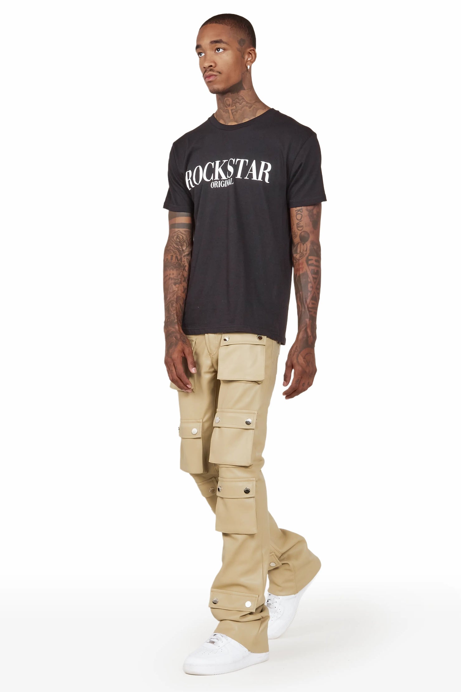 Remi Beige Faux Leather Stacked Flare Jean