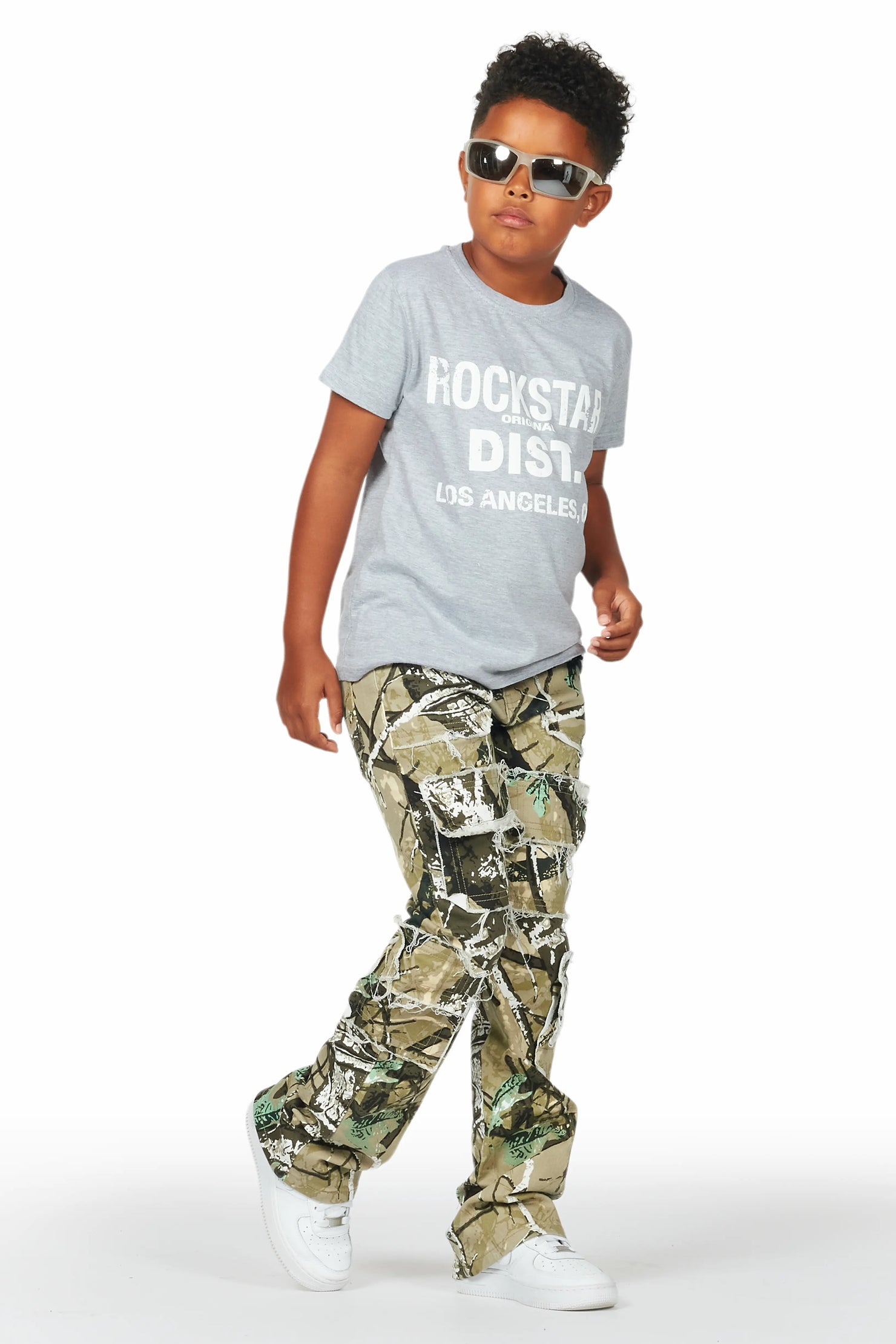 Boys Kyaire Grey/Tree Camo T-Shirt/Stacked Flare Jean Set