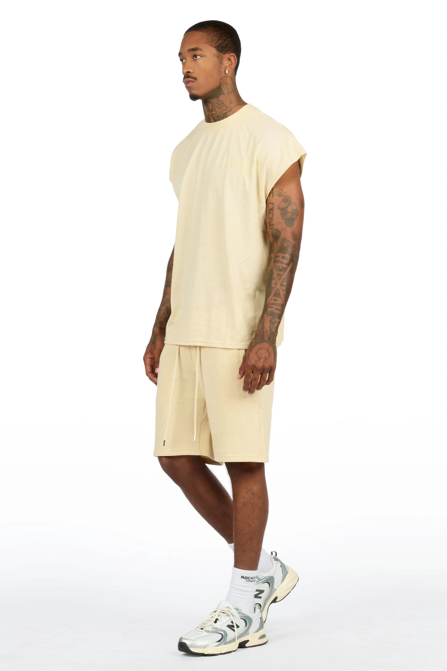 Sana Beige/Beige Cut Sleeve T-Shirt Short Set