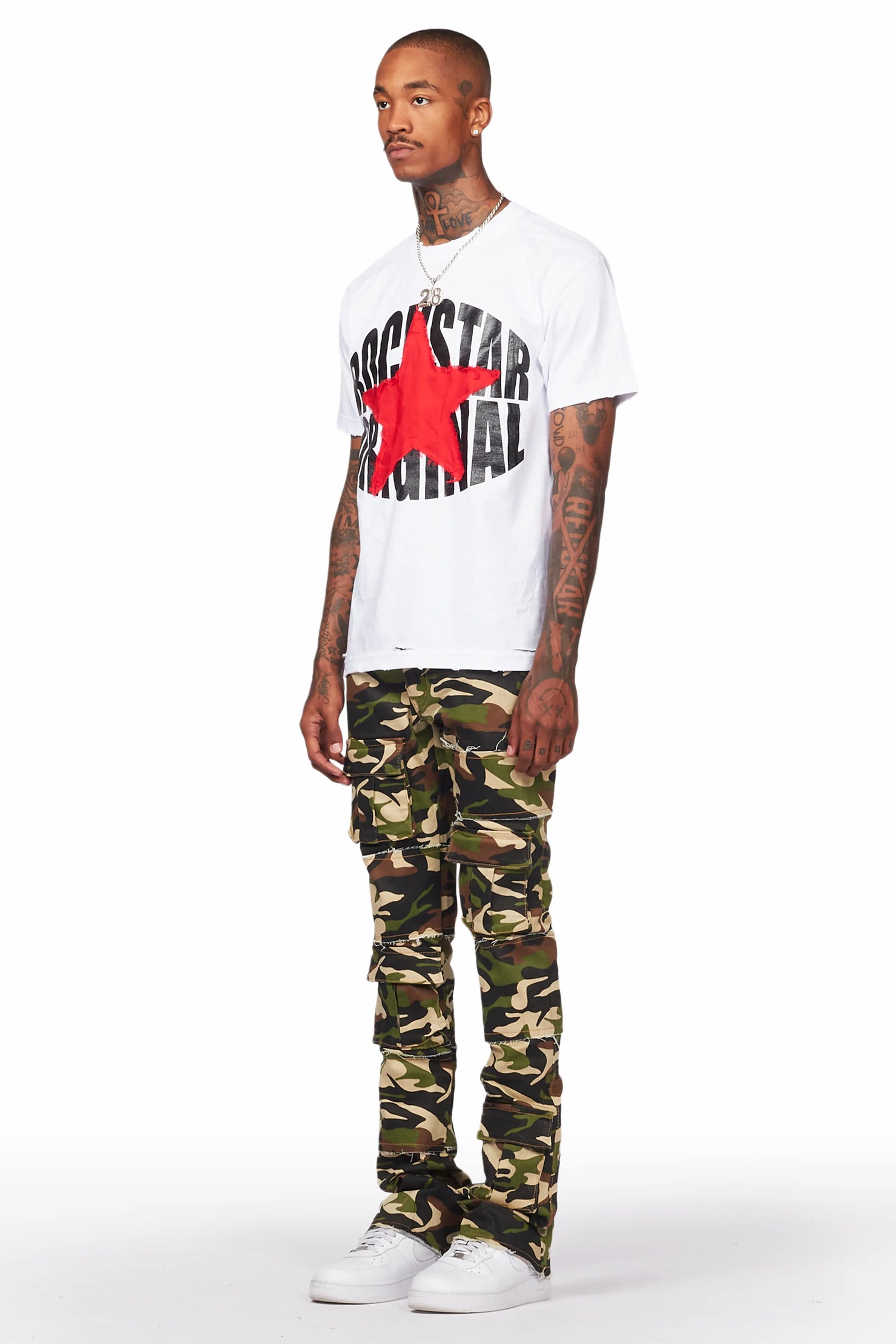 Duggar Green Camo Cargo Stacked Flare Jean