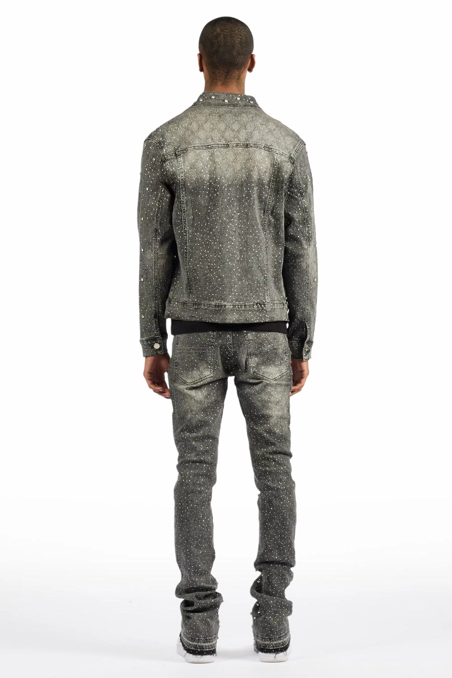 Glit Dark Grey Rhinestone Denim Jacket/Stacked Flare Jean Set