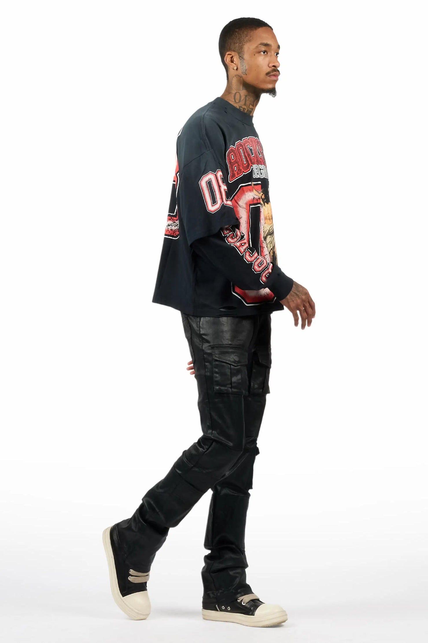 Folant Black Stacked Flare Coated Pant
