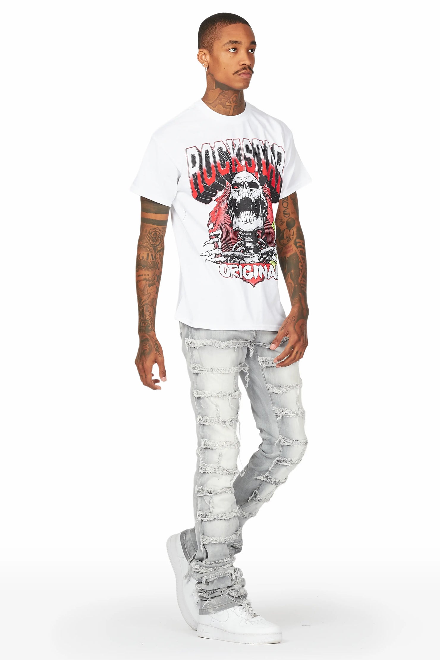 Waylon Grey Frayed Super Stacked Flare Jean