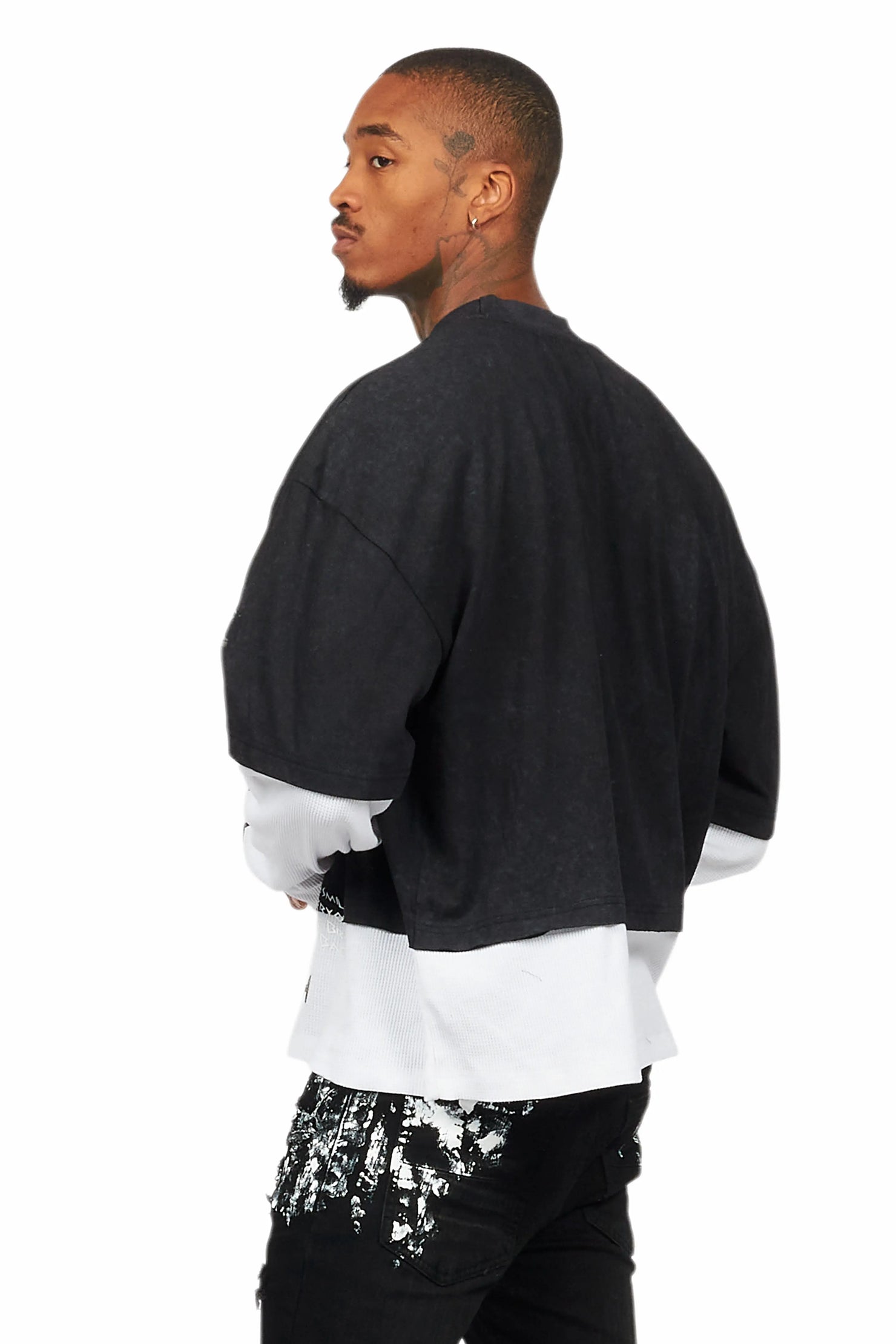 Cariel Vintage Black Thermal Double Layer Boxy Crop T-Shirt