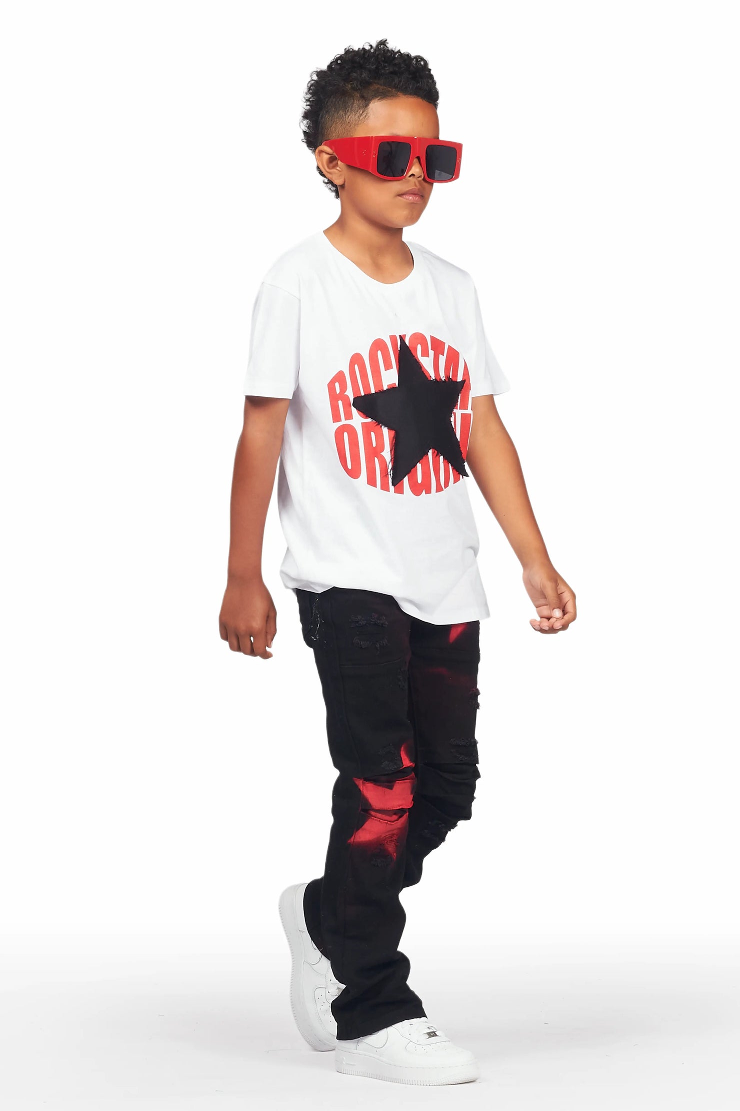 Boys Tyreek White T-Shirt/Stacked Flare Jean Set