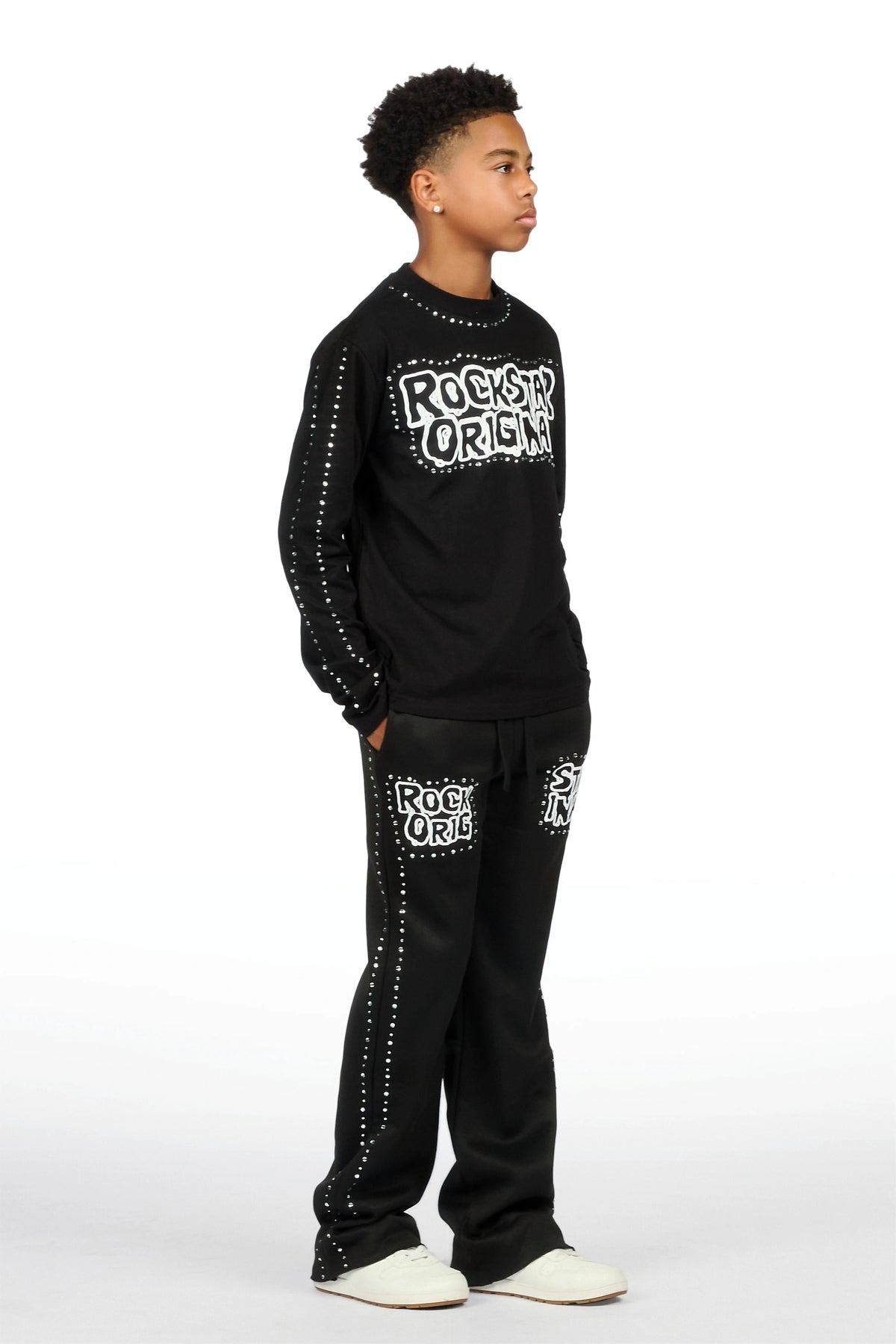 Boys Marc Black Rhinestone Long Sleeve Shirt Relaxed Track Set