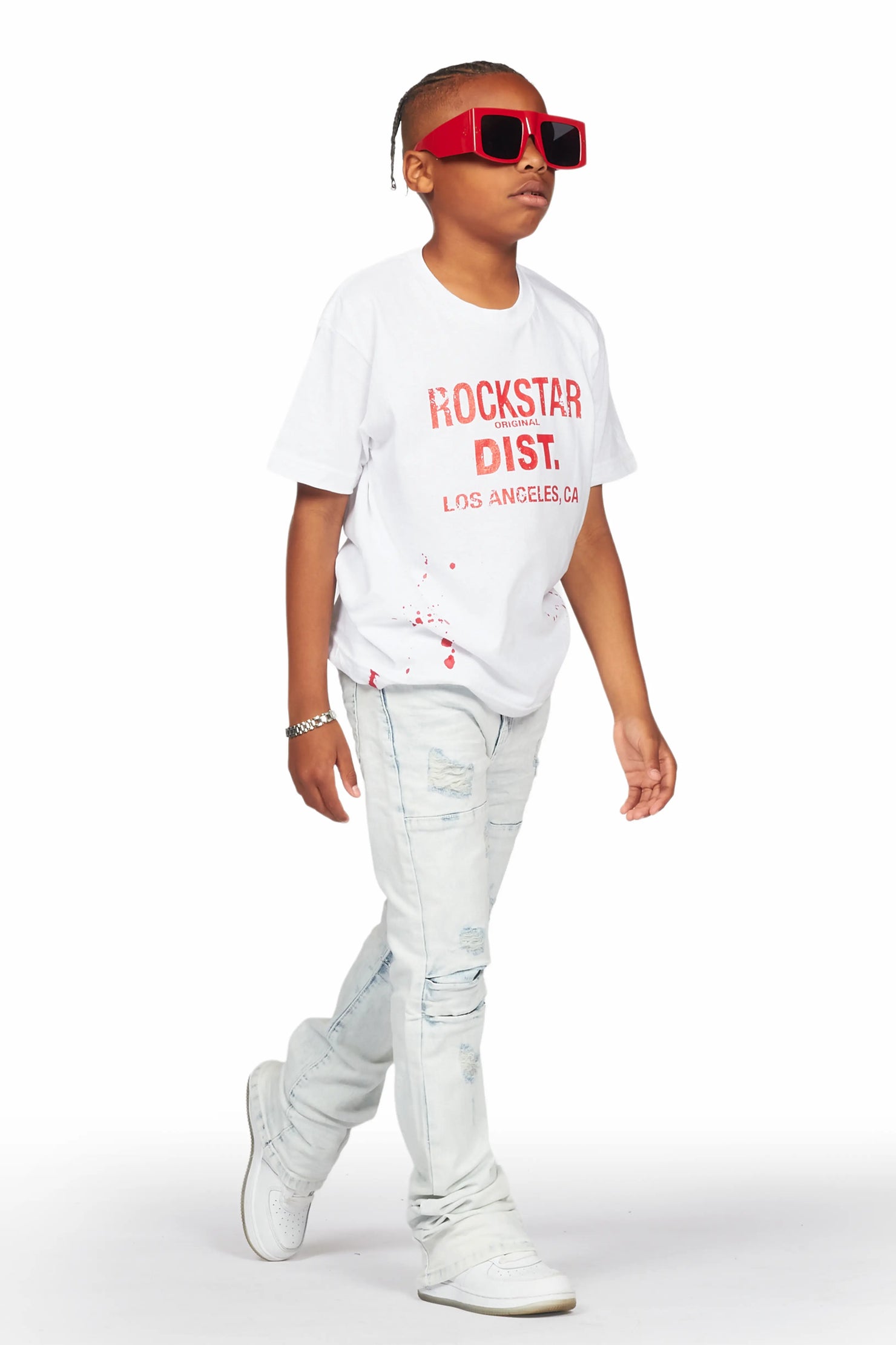 Boys Yasir White/Light Blue T-Shirt/Stacked Flare Jean Set