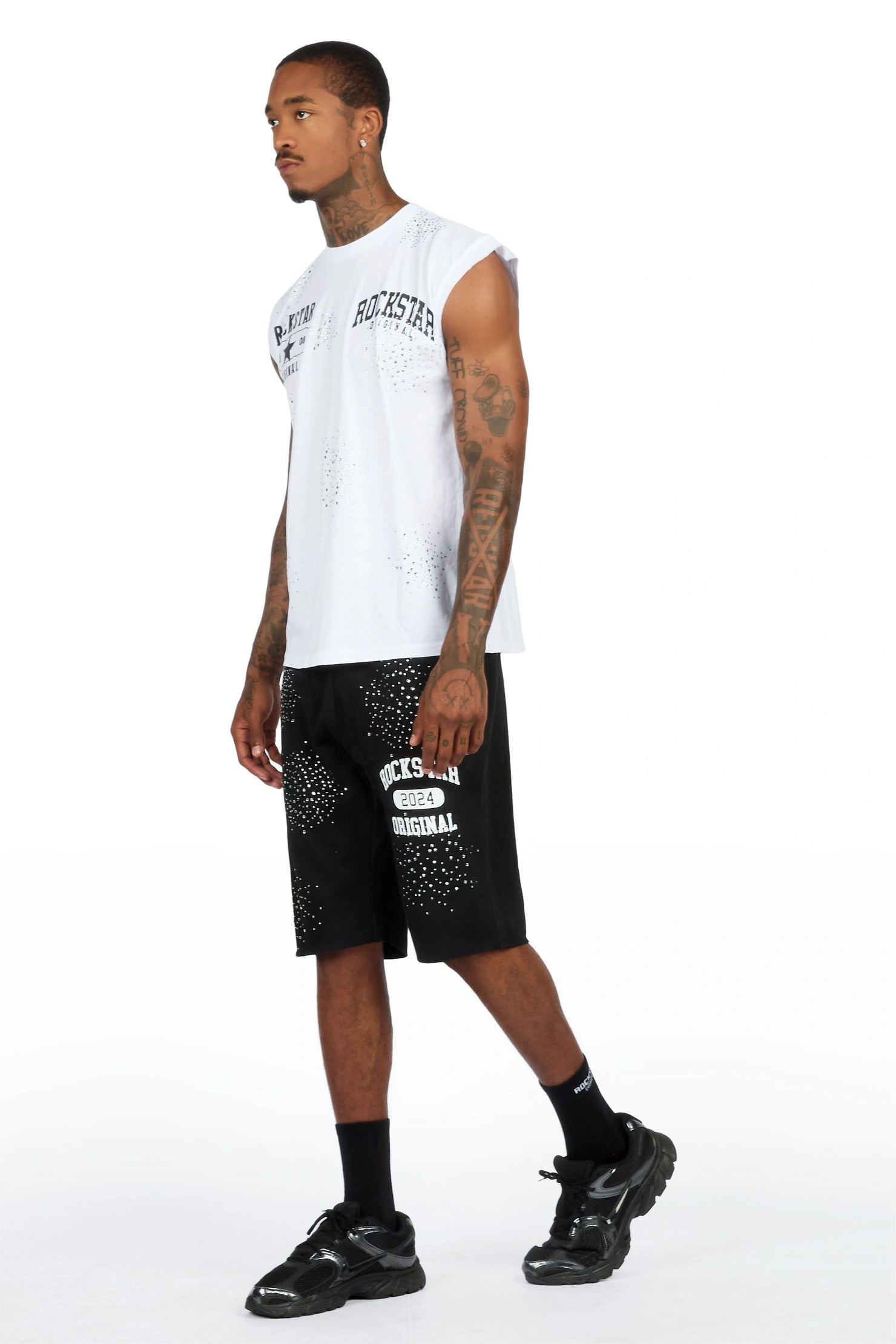 Gutta 2.0 White/Black Rhinestone Cut Sleeve T-Shirt/Short Set