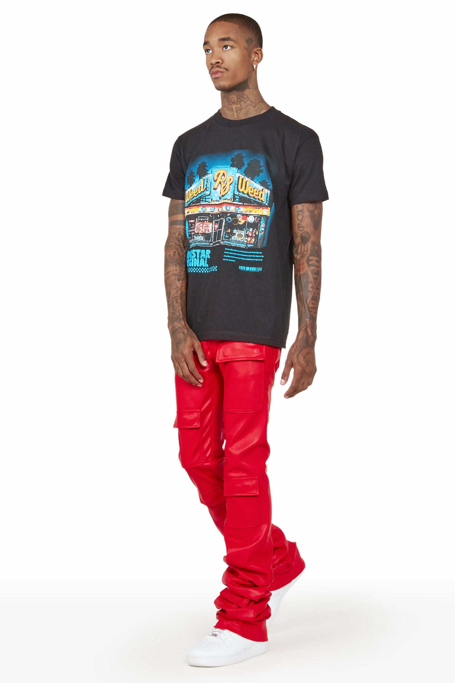 Petrus Red Faux Leather Super Stacked Flare Jean