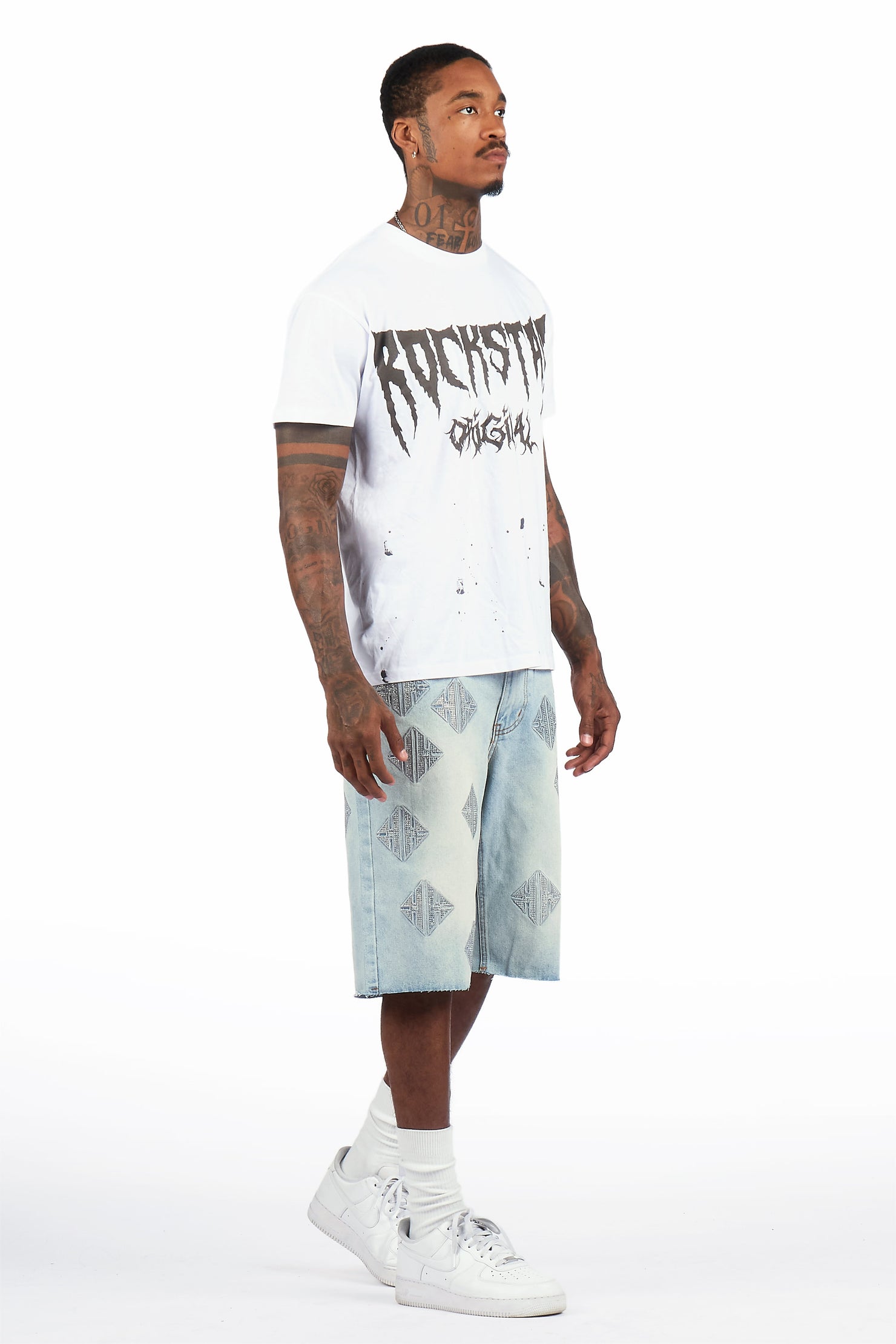 Demanuele Light Blue Rhinestones Denim Short