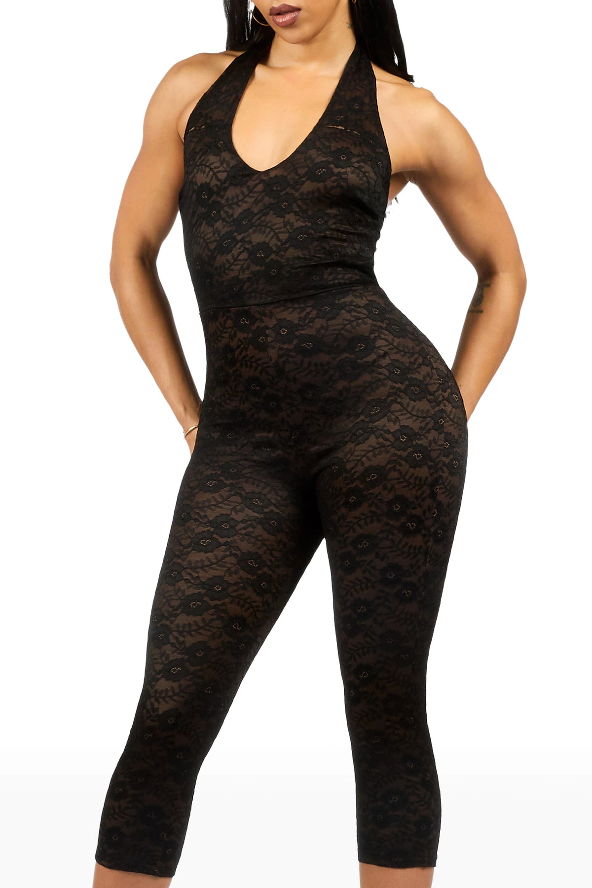 Lacey Floral Black Capri Jumpsuit