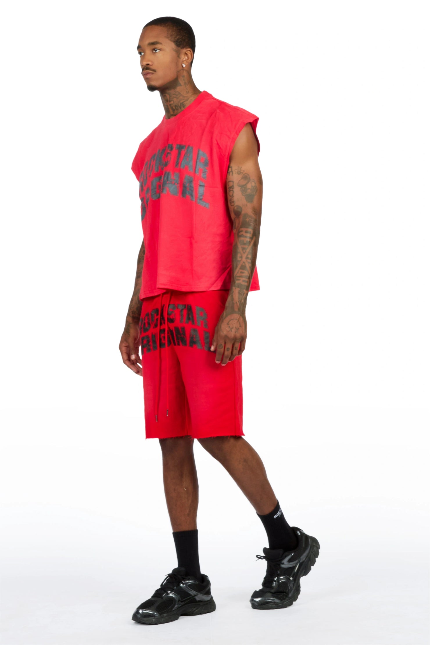 Tumo Red Cut Sleeve Crop Boxy Tee Short Set