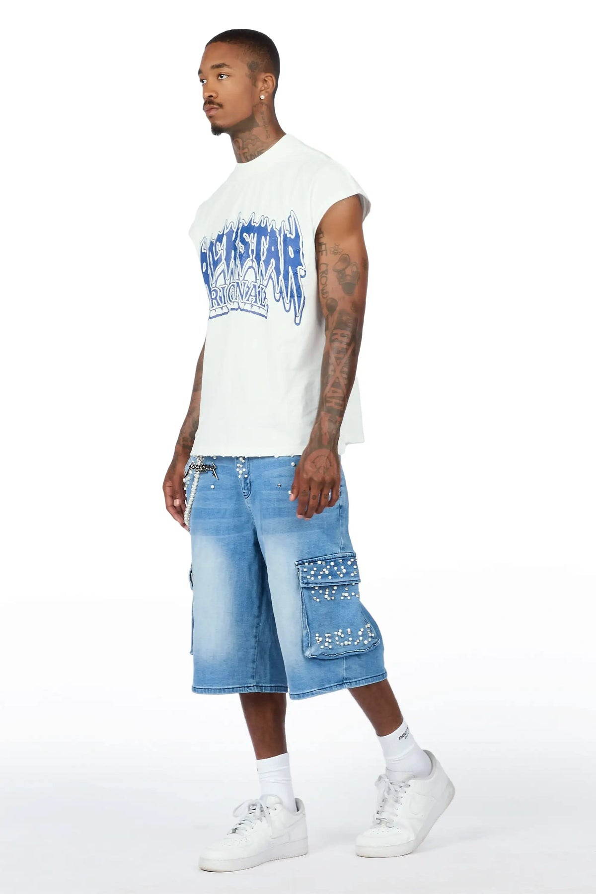 Teo Blue Rhinestone Cut Sleeve T-Shirt Denim Jort Set