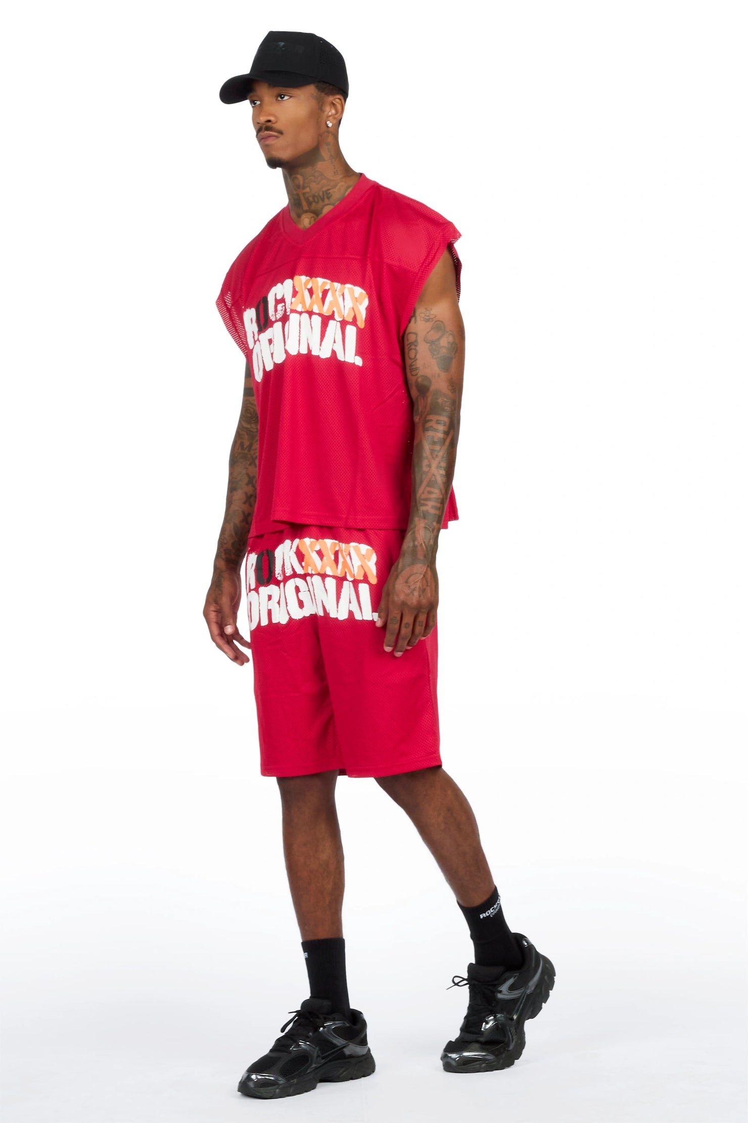 Crown Red Mesh Cut Sleeve Jersey Short Set
