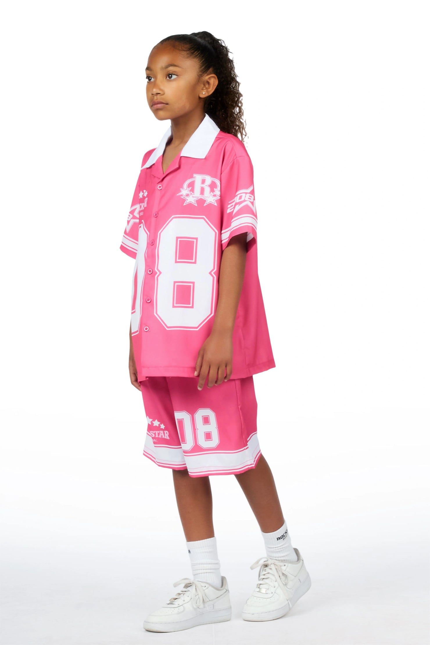 Girls Tinna Pink Button Down T-Shirt Short Set
