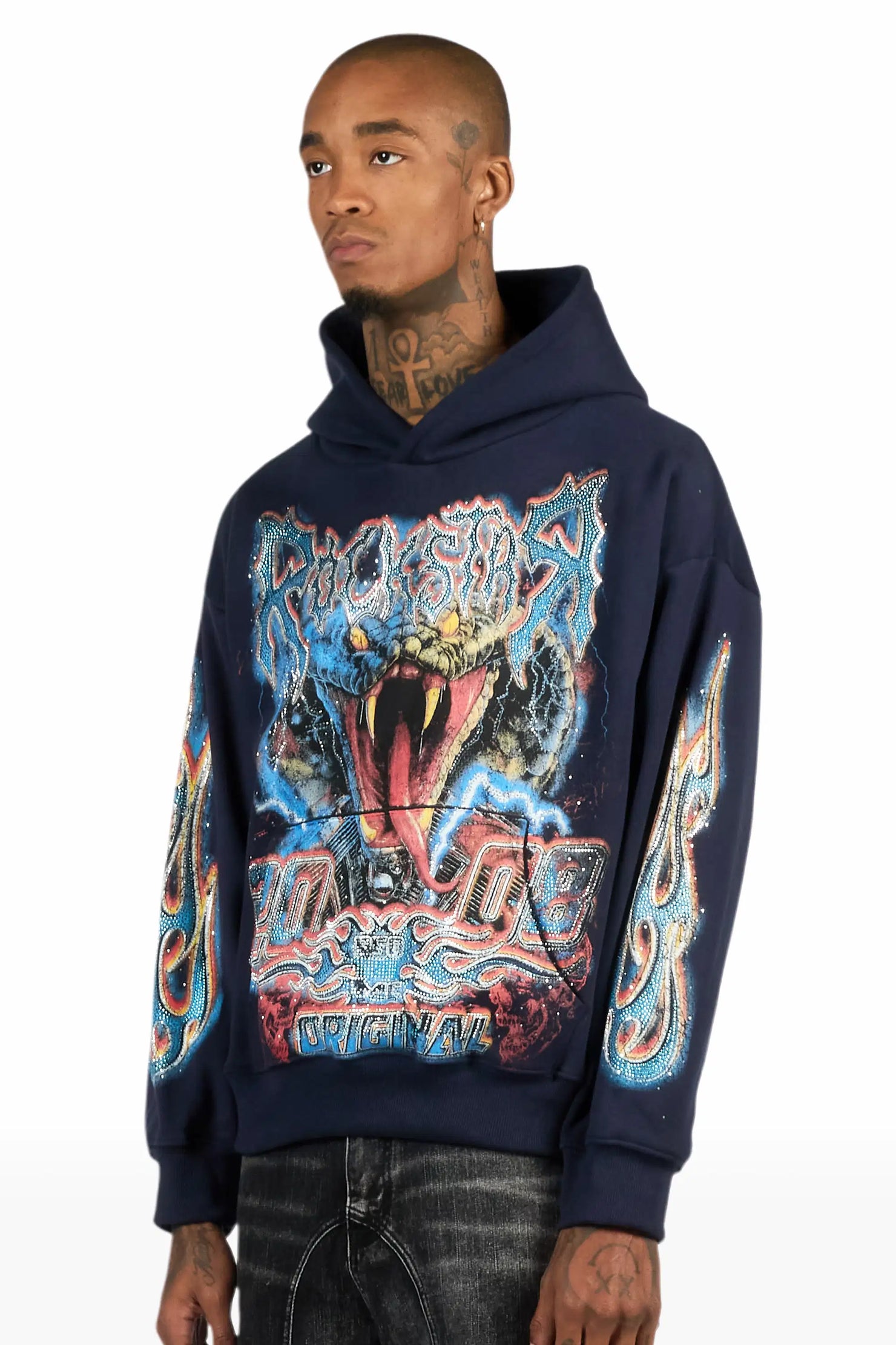 Rhylo Navy Rhinestone Oversized Hoodie