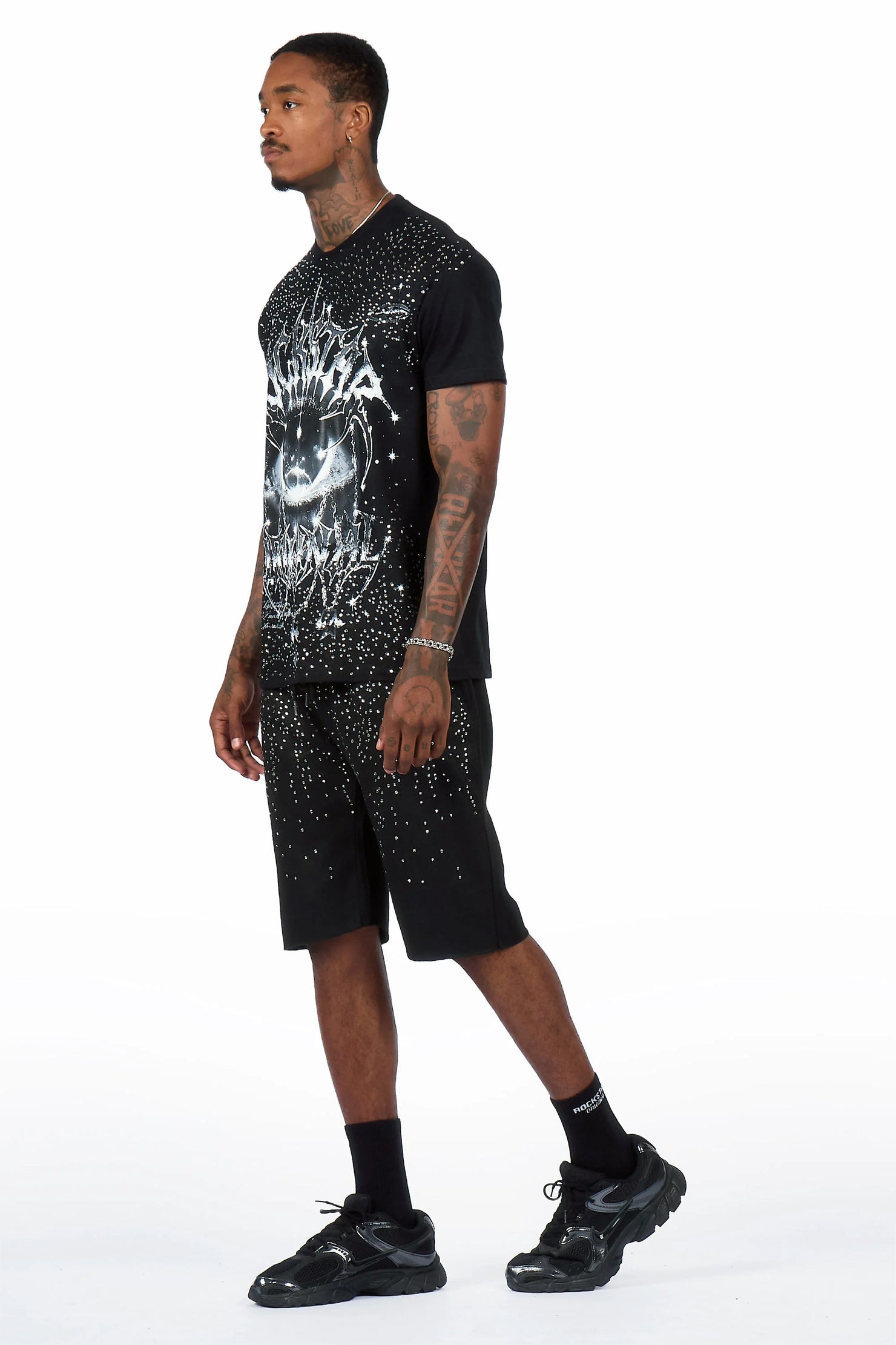 Malykz Black/Black Rhinestone T-Shirt/Short Set