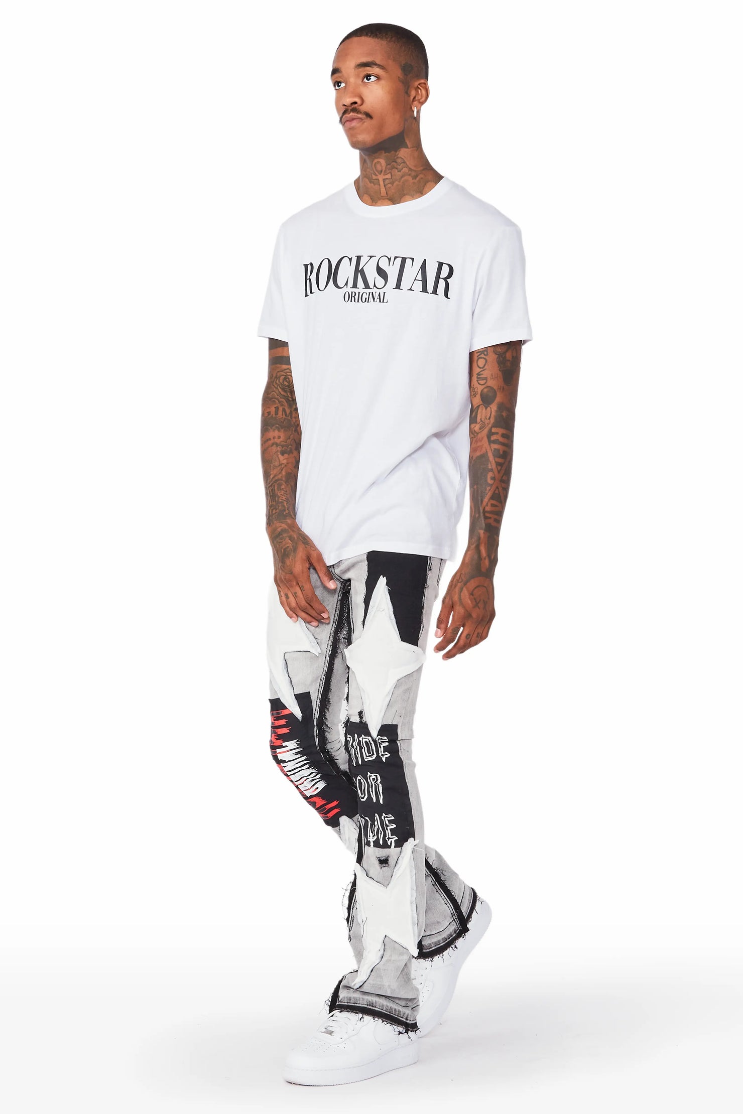 Rhys Light Grey Patchwork Stacked Flare Jean