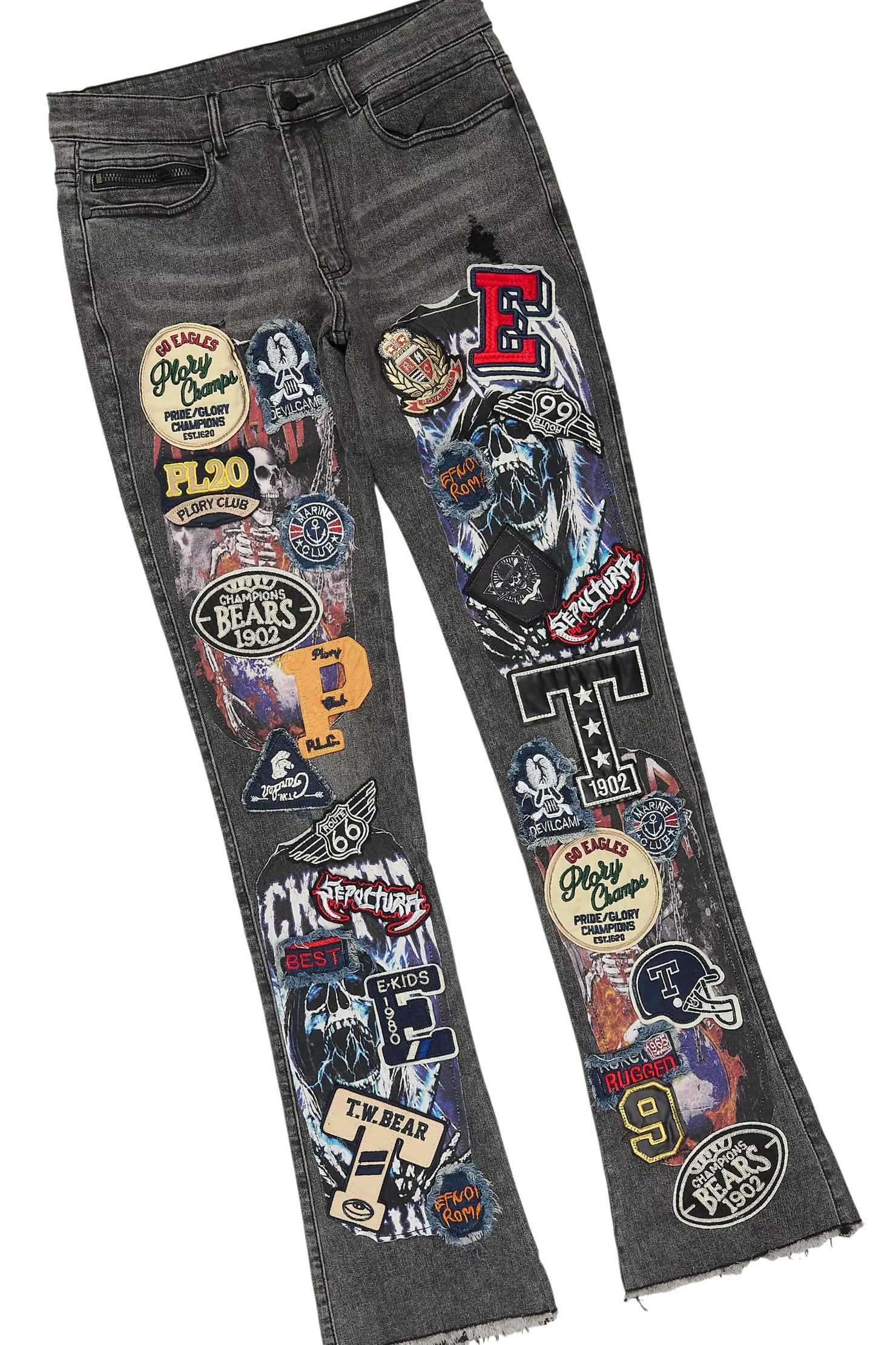 Espan Dark Grey Denim Jacket/Stacked Flare Jean Set