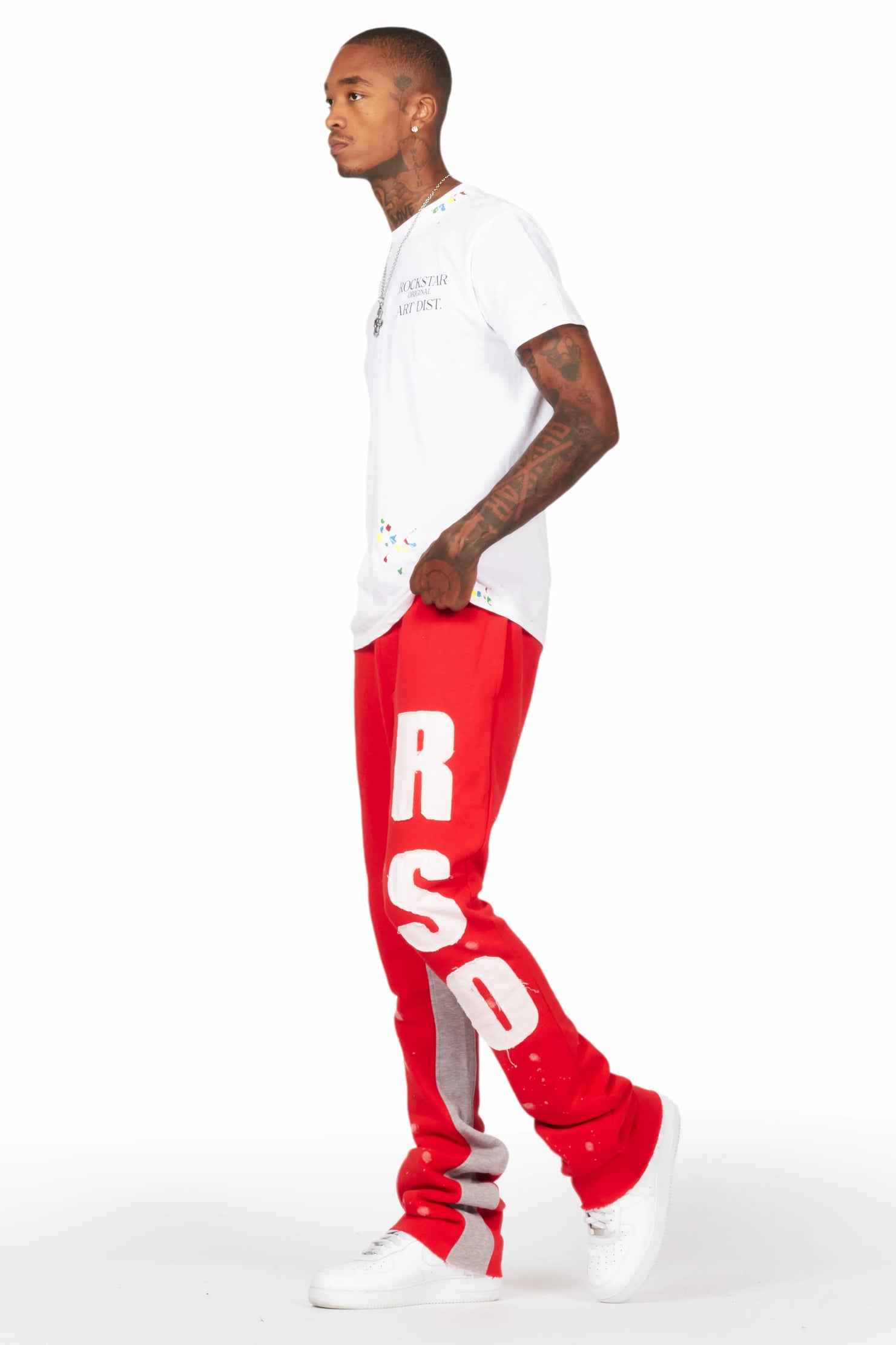 Uko Red Patchwork Stacked Flare Track Pant