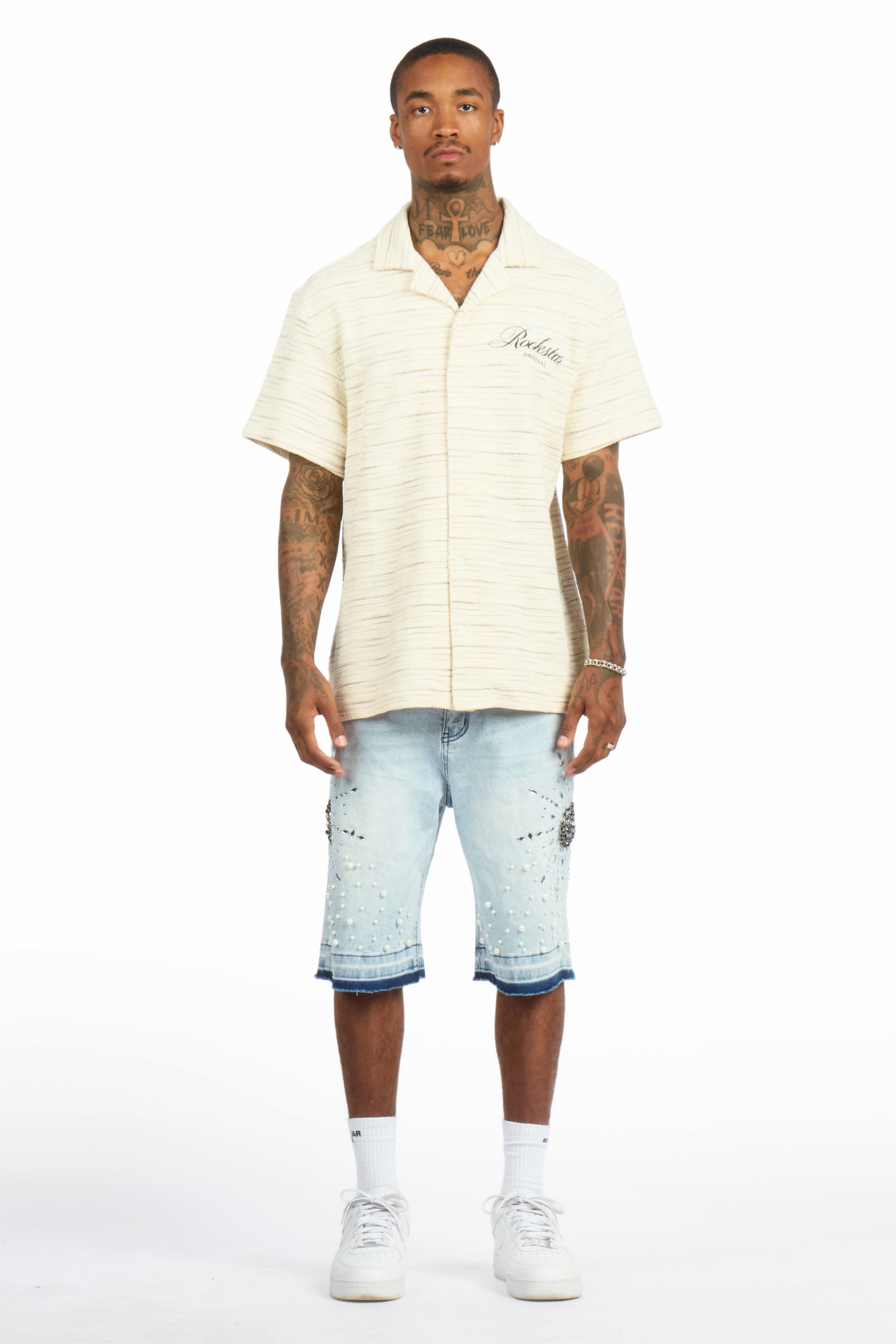 Tryst Light Blue Rhinestone Denim Short