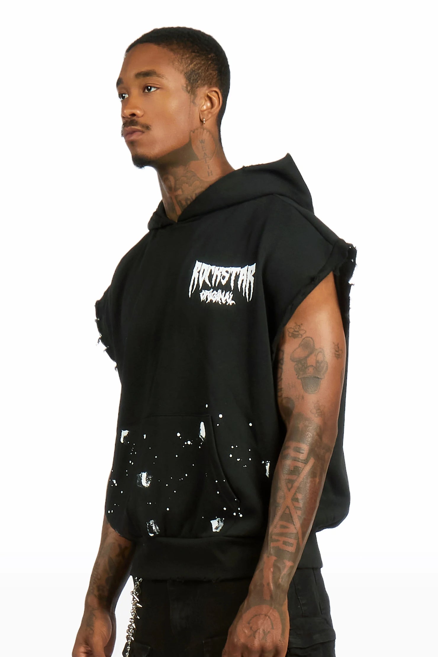 Twinkle Black Painted Cut Sleeve Hoodie