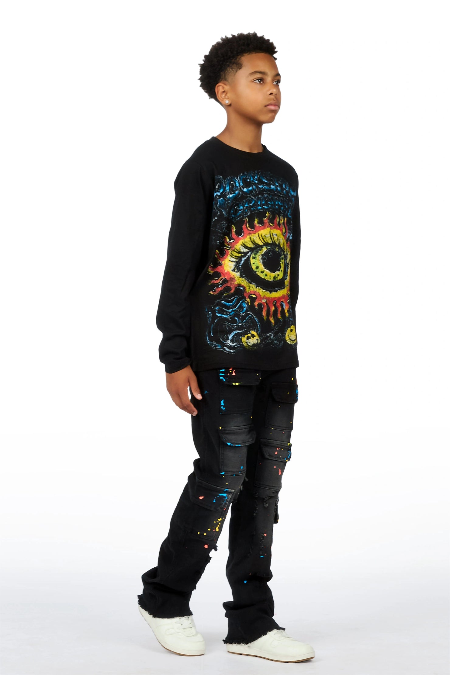 Boys Storm Black Long Sleeve T-shirt Painter Stacked Jean Set